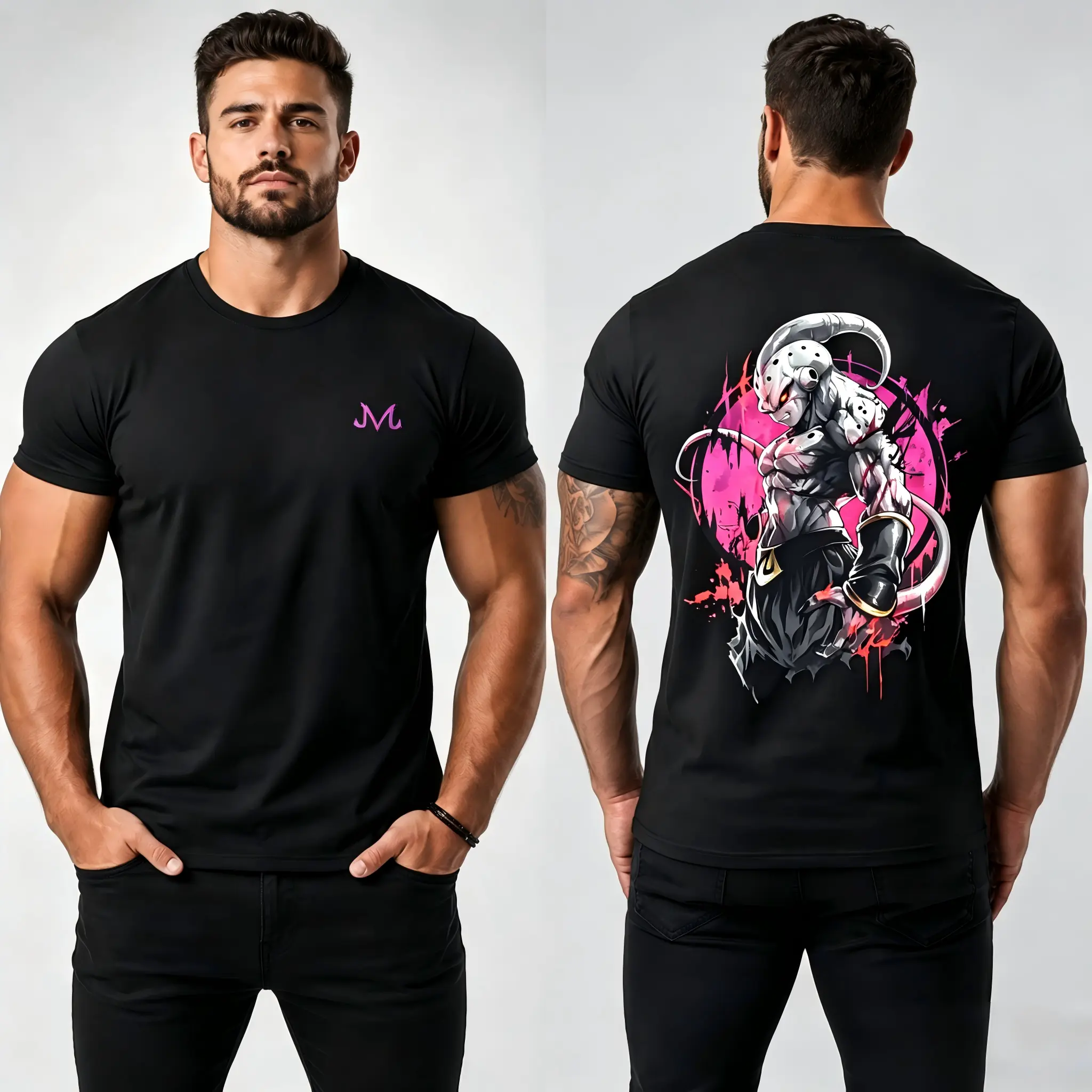 Majin Buu Dragon Ball Z Pink Splash Graphic Double Sided Tiny Majin M Chest Large Back Anime Art Daily Black Casual Street Outfit For DBZ Anime Fans Retro Manga Tee Anime Villain Top dragon ball z shirt majin buu tee anime manga apparel