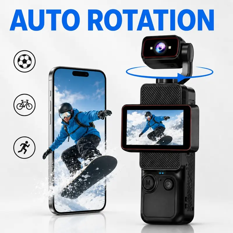 Portable HD Gimbal Camera, Pocket Video Camera with Smooth Stabilization, Auto Rotating Lens, WiFi Transfer, 6X Zoom and Type-C Charging for Travel, Outdoor Recording and Daily Vlogs, Portable Vlogging Camera