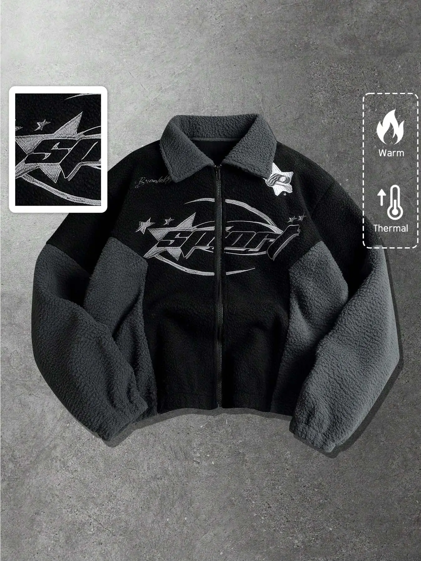 Men's warm patchwork zip-up jacket, Long Sleeve black and gray color-block fleece collar coat, with a retro star sports embroidery pattern, suitable for everyday outings, skateboarding trips, and winter street strolls.