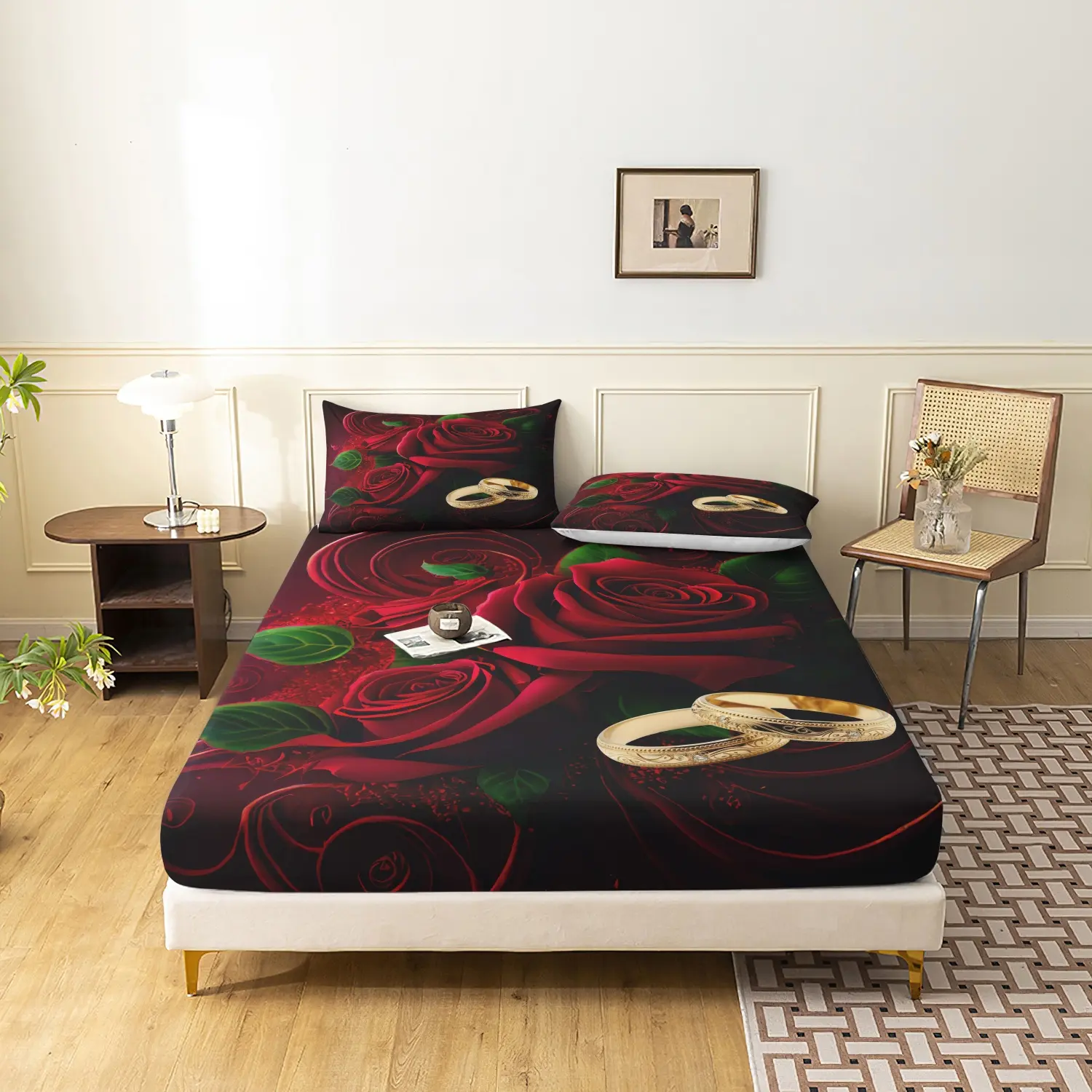 3Pcs Black Red Rose Golden Wedding Rings Fitted Sheet Set, Decorative Bedsheet Sets, Romantic Floral Marriage Symbol Printed Bedding, Floral Sheets, For All Season Home Family Dormitory Hotel Mattress (1 Fitted Sheet + 2 Pillowcases, No Pillow)