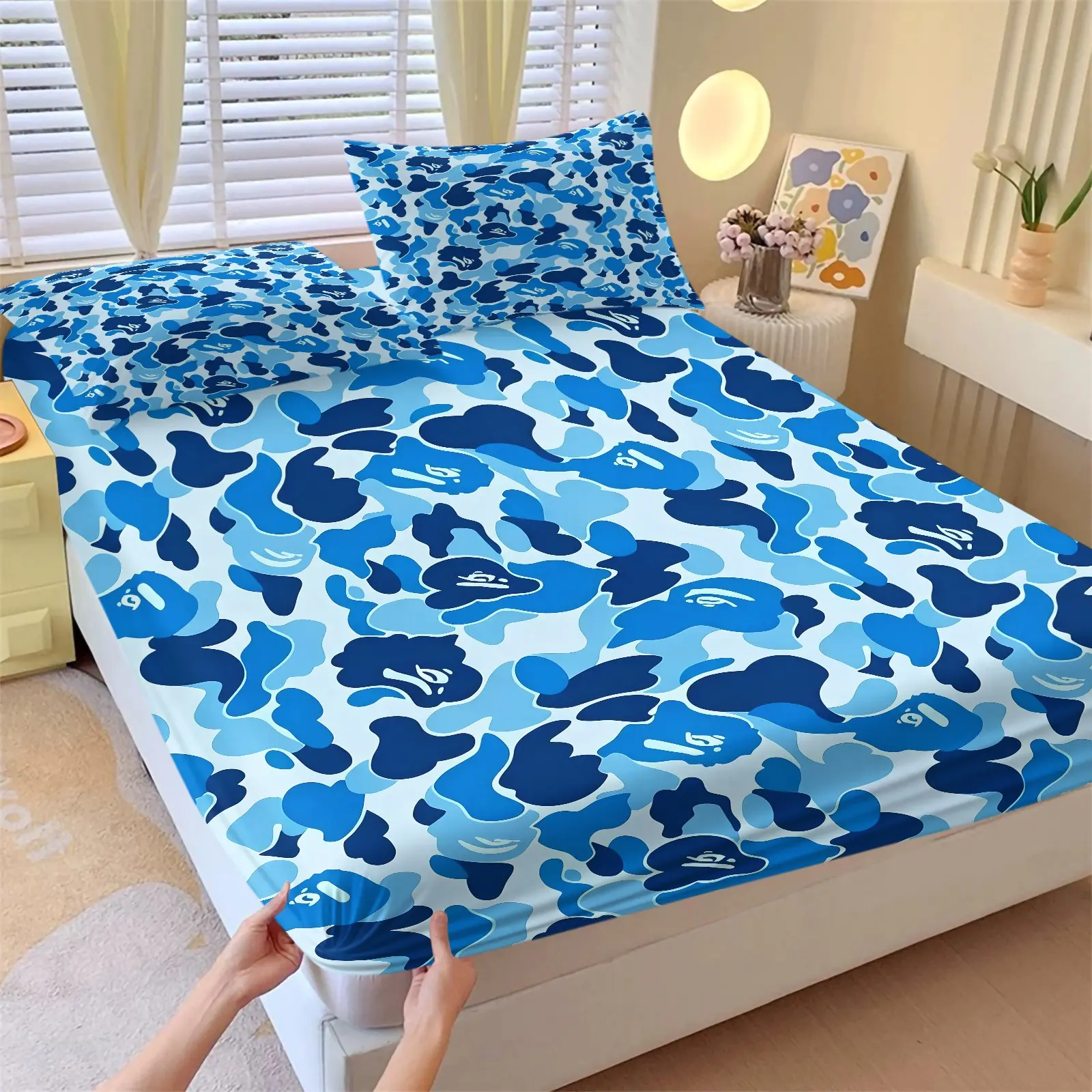 Blue Classic Ape Camo Fitted Sheet Set, 1 Fitted Sheet + 2 Pillowcases‑3 Piece, Soft Microfiber Deep Pocket Design All Season, Trendy Teen Dorm Street‑wear Bedroom Decoration, Present for Hype‑Beast Fans