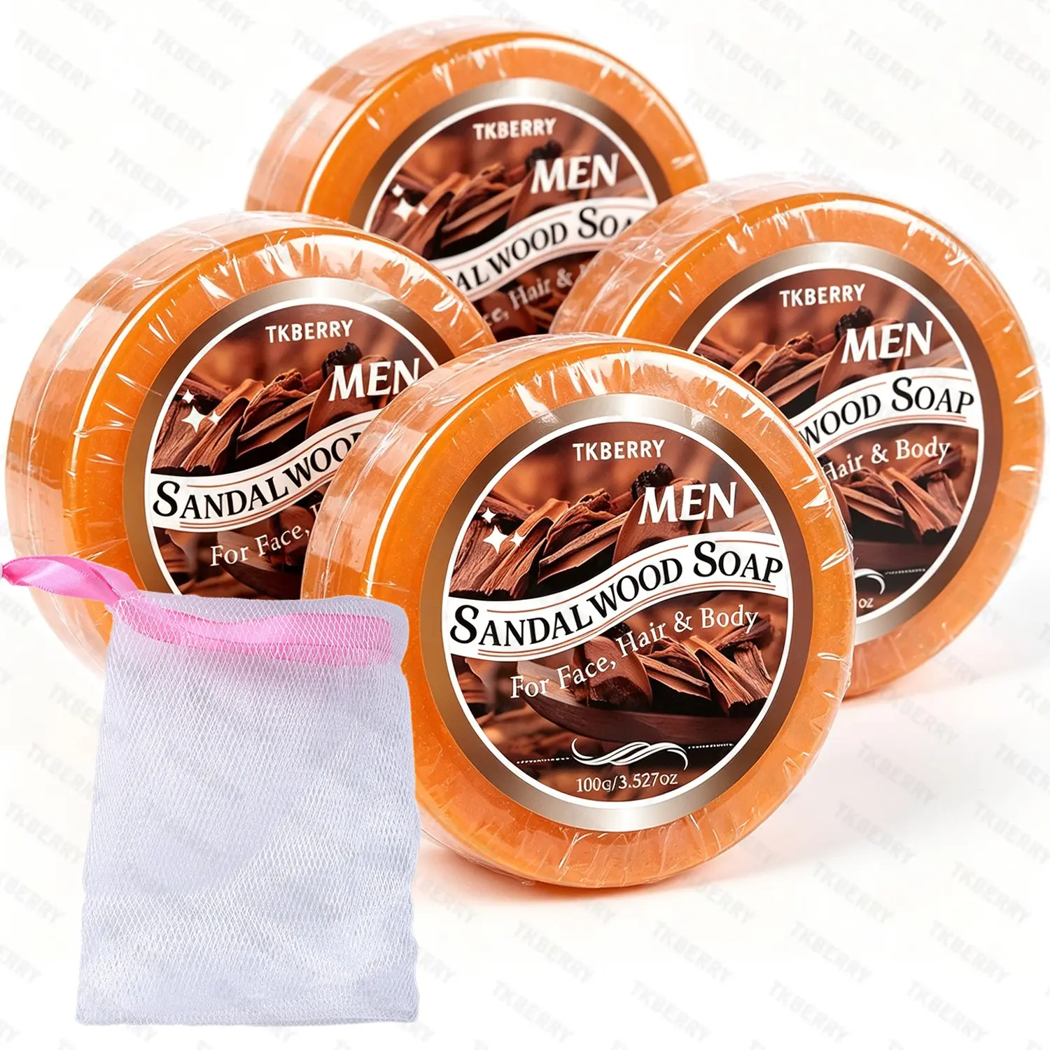 100g*4Pcs Sandalwood Soap,multi-purpose Mens Bar Soap Hair,Body, Face & Shaving ,with Gentle Formula,Foam Handmade Sandalwood Soap Deodorant Moisturizing Shower for Men All Skin Types,Portable,Order and receive a bubble net as a gift