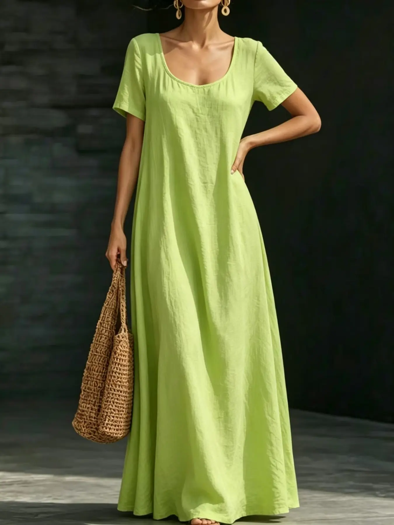 Summer New Flowy High-Waisted Slimming Long Dress Sundress, U-Neck Short Sleeve Minimalist Elegance Chic Loose Fit Daily Casual Office Solid Color Long Skirt for Women
