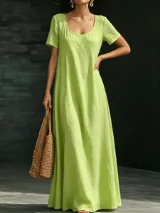 Summer New Flowy High-Waisted Slimming Long Dress Sundress, U-Neck Short Sleeve Minimalist Elegance Chic Loose Fit Daily Casual Office Solid Color Long Skirt for Women