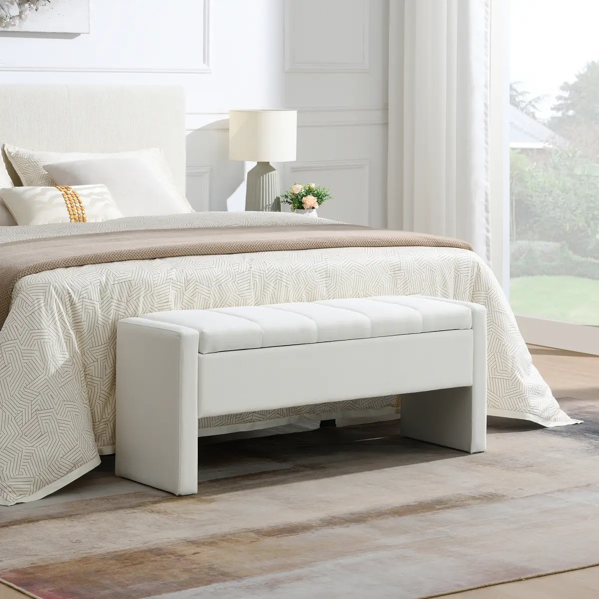 Modern Bed End Bench with Storage,Upholstered Large Foot Rest Stool, Comfy Window Vanity Bench for Living Room,Bedroom,Dorm,Coffee Table,Linen White