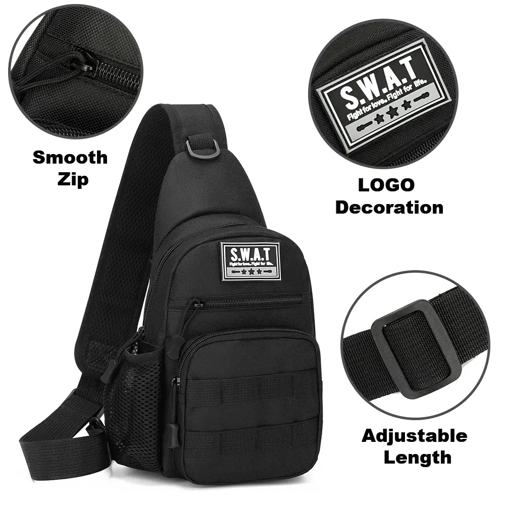Men's Tactical Sling Bag, EDC Crossbody Chest Backpack with MOLLE System & Bottle Holder for Hiking Travel trendy durable men slip pocket shoulder Strap Waist Bag Detachable