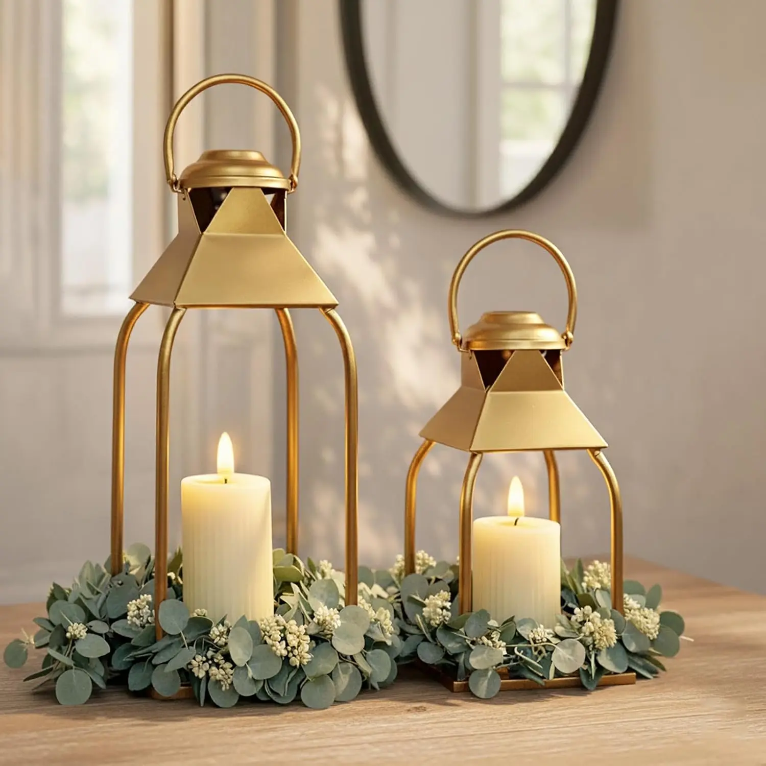 Multi-Size Modern Rustic Decorative Metal Lanterns Set of 2 (15.7" & 12") - Indoor Outdoor Candle Holders for Porch, Wedding, Holiday Table Centerpiece, Lightweight, Weddings