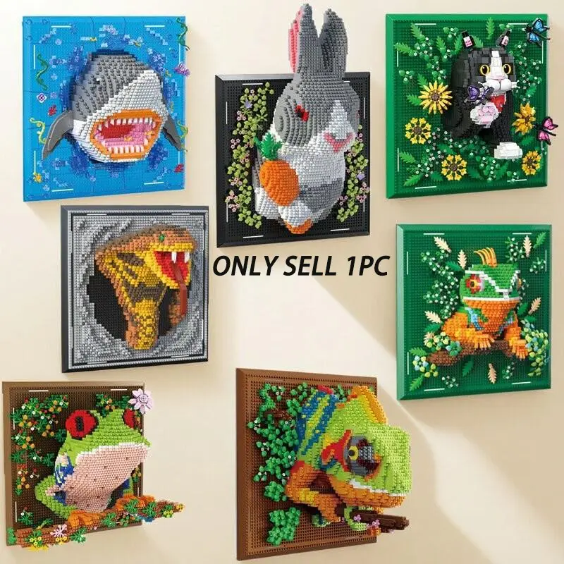 3D Animal Micro Particle Puzzle Wall Art, DIY Mosaic Craft Kit, Shark Rabbit Chameleon Snake Frog Cat, Stress Relief Toy, Creative Home Decor Gift, Puzzle Blocks