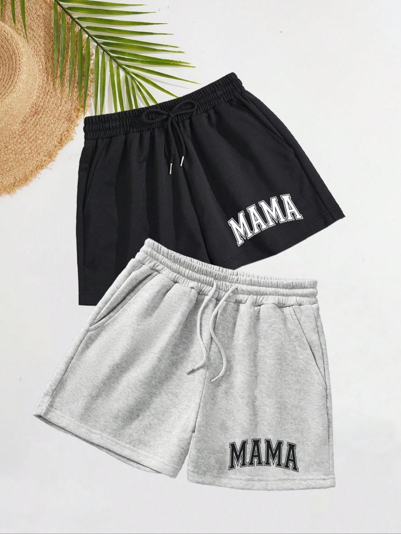 Women's Letter Print Drawstring Waist Shorts, Casual Elastic Waist Pocket Shorts for Summer, Ladies Bottoms for Daily Wear