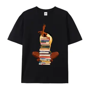 Black Woman Stacked Books Meditation Reading Graphic Print Tee Book Lover Melanin Girl Educated Casual Short Sleeve Top Vintage Book Stack Black Lady Reader Graphic Shirt Bibliophile Scholar Daily Basic Outfit