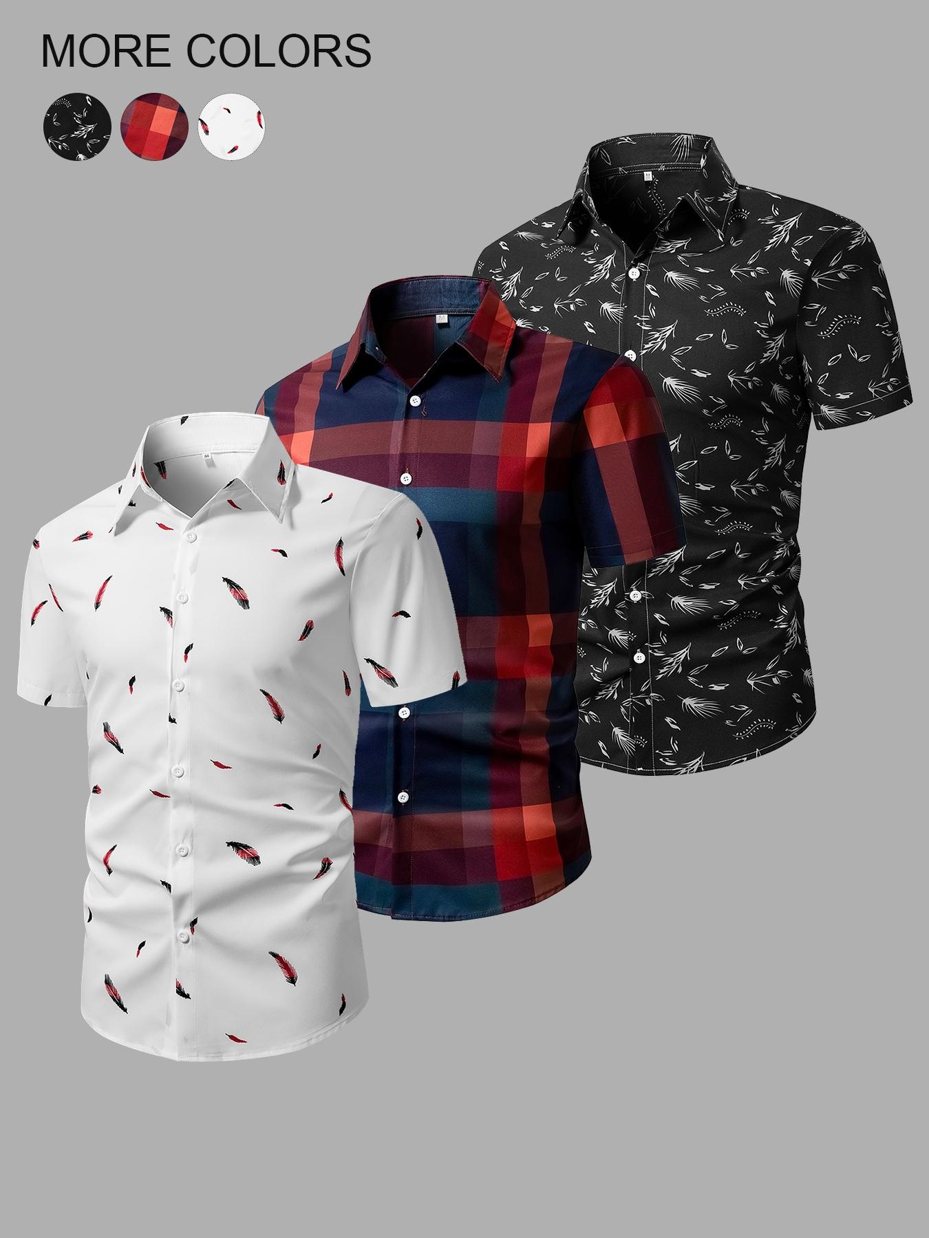 Men's Random Plaid Print Short Sleeve Shirt, Casual Party Shirt, Casual Regular Fit Button Collared Top for Summer, Men's Clothes for Daily Wear