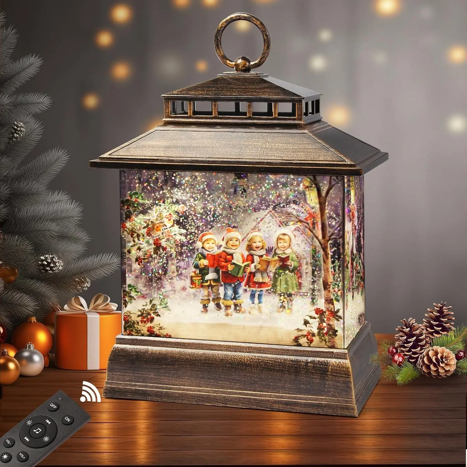 Christmas Snow Globe Lantern Water Glittering with 8 Songs, 6H Timer & Remote Control, USB & Battery Operated for Christmas Festival Decorations Gifts (Christmas Carol)