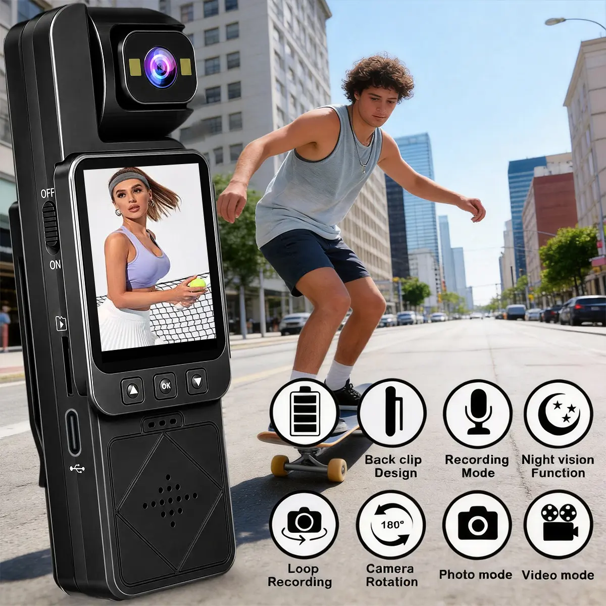 HD Wearable Body Camera, Supports WiFi Connection To APP For Viewing, 6X Optical Zoom, Infrared Night Vision, 180° Rotating Lens, Wide‑Angle View, Loop Recording – Ideal For Security Work, Hiking & Family Gatherings, Portable Video Camera
