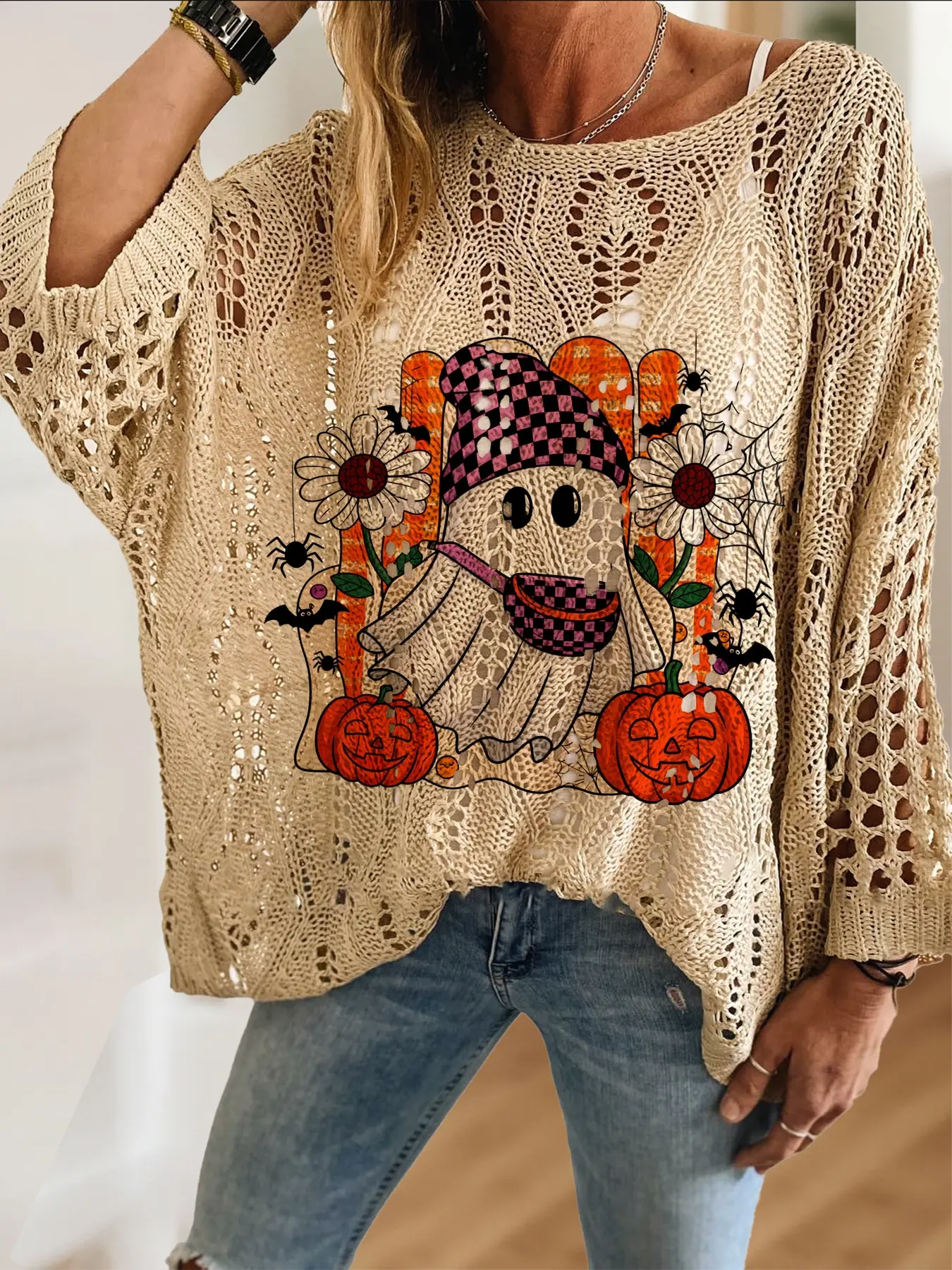 Women's Halloween Cartoon Ghost Print Long Sleeve Knit Top, Casual Elegant Vacation Style Sweater, Comfortable Breathable Loose Fit