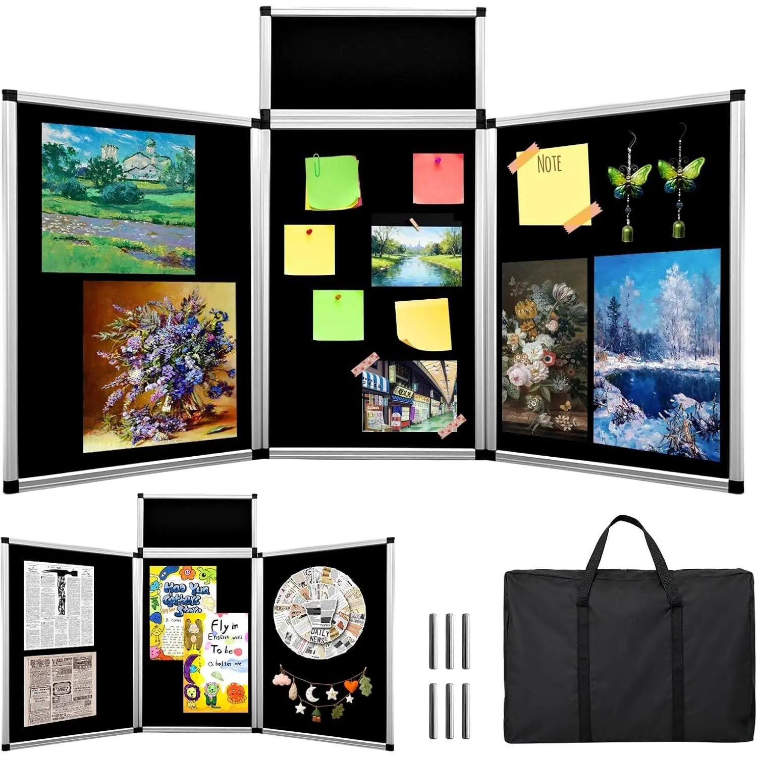 Women's 3+1 Panel Double-Sided Black Trifold Display Board with Storage Bag & Folding Frame, 72x35.4in Tabletop Board for School Projects, Vendor Events