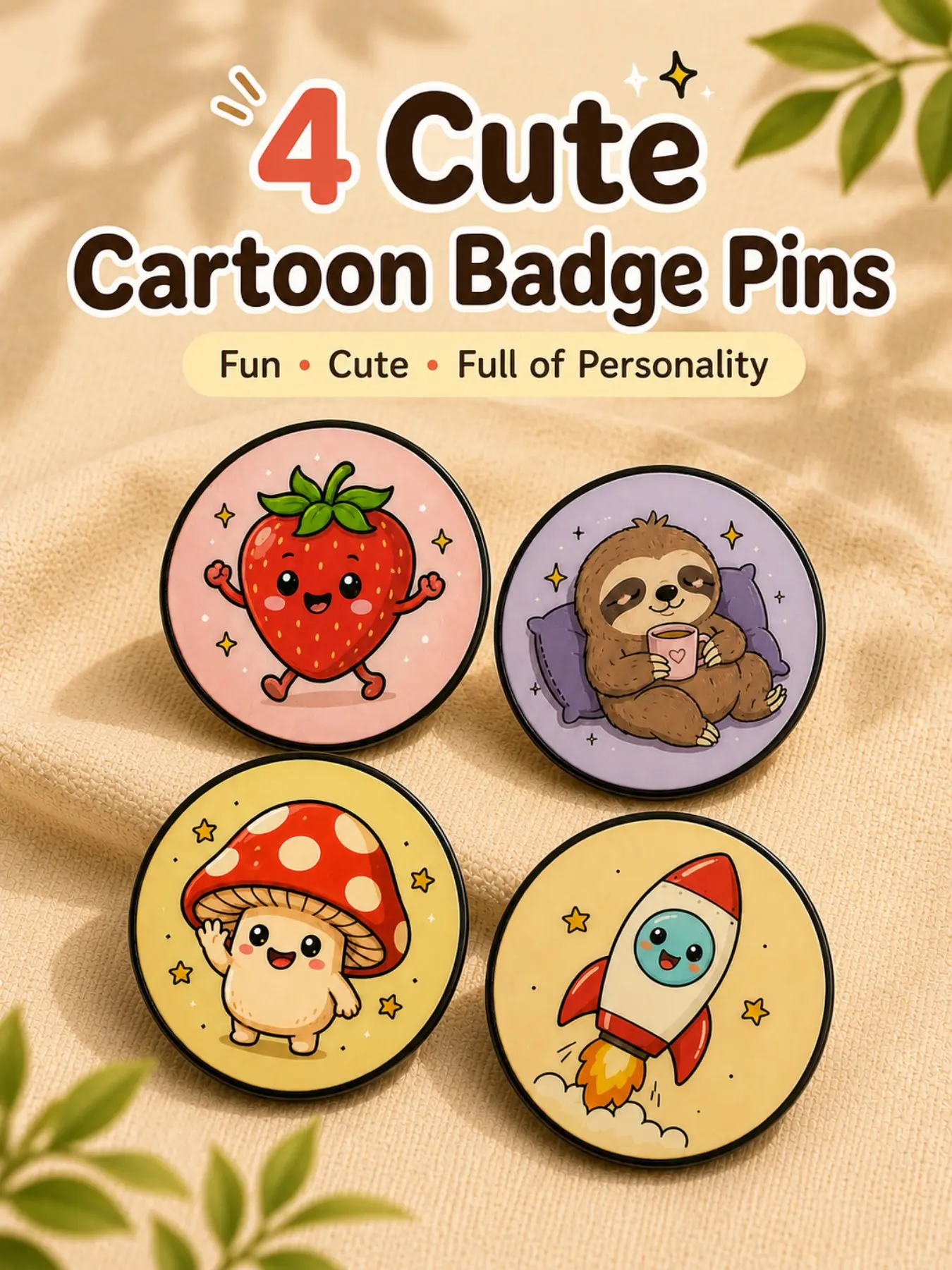 4 Pack Cute Cartoon Round Pins, 1.96 Inch Dutch Lapel Pins, Kawaii Enamel Badges, Aesthetic Brooches for Backpack Jacket Hat, Teen Girls Gift