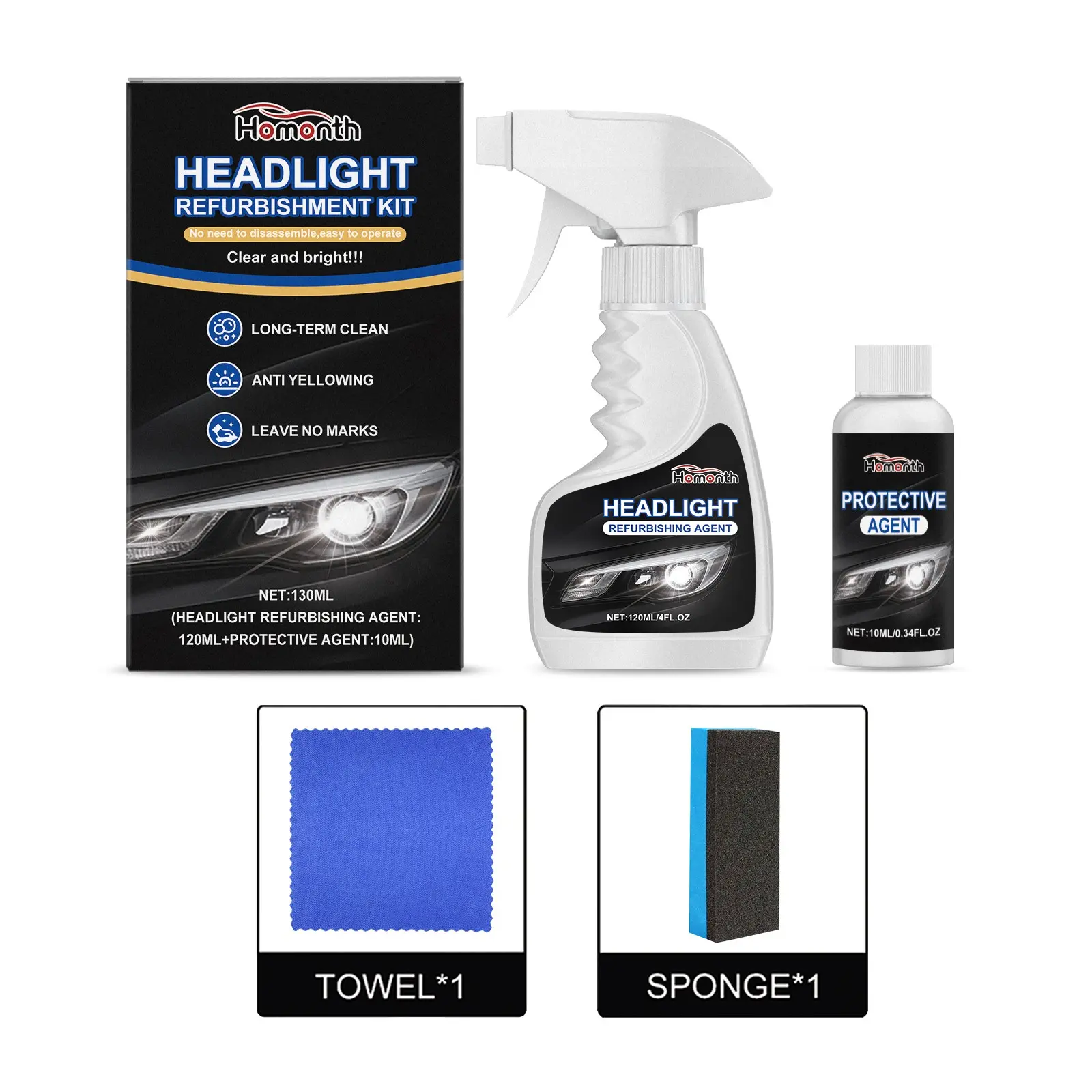 3pcs Car Headlight Repair Kit, Headlight Cleaner for Oxidation and Yellowing, Includes Coating Agent, Suitable for All Vehicle Types