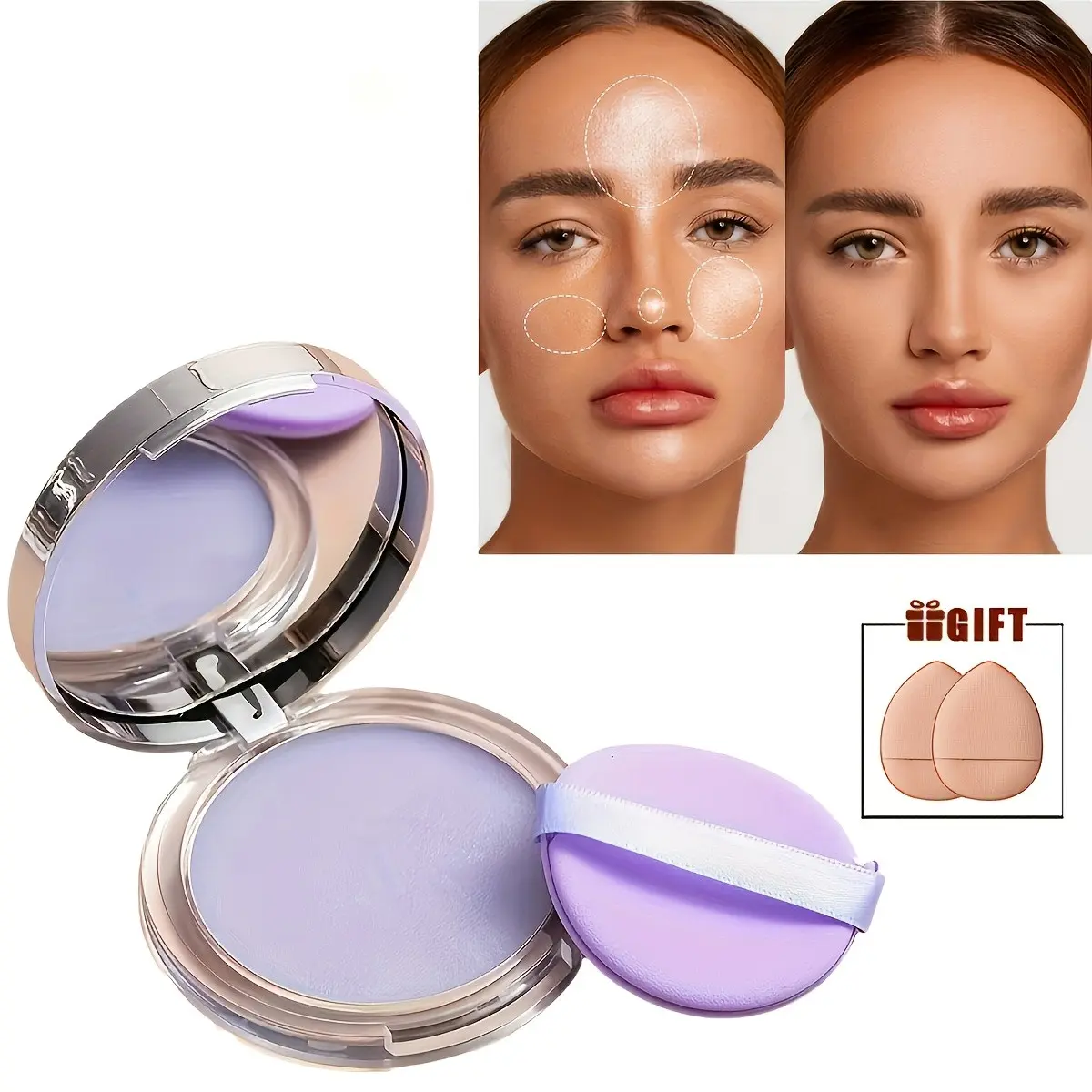 Transparent Oil-Control Balm Powder, Flawless Face Powder, Finishing Powder, 2 Colors Available, Long-Lasting Skin Brightening Matte, Includes 2 Finger Puffs, Perfect for Makeup Base