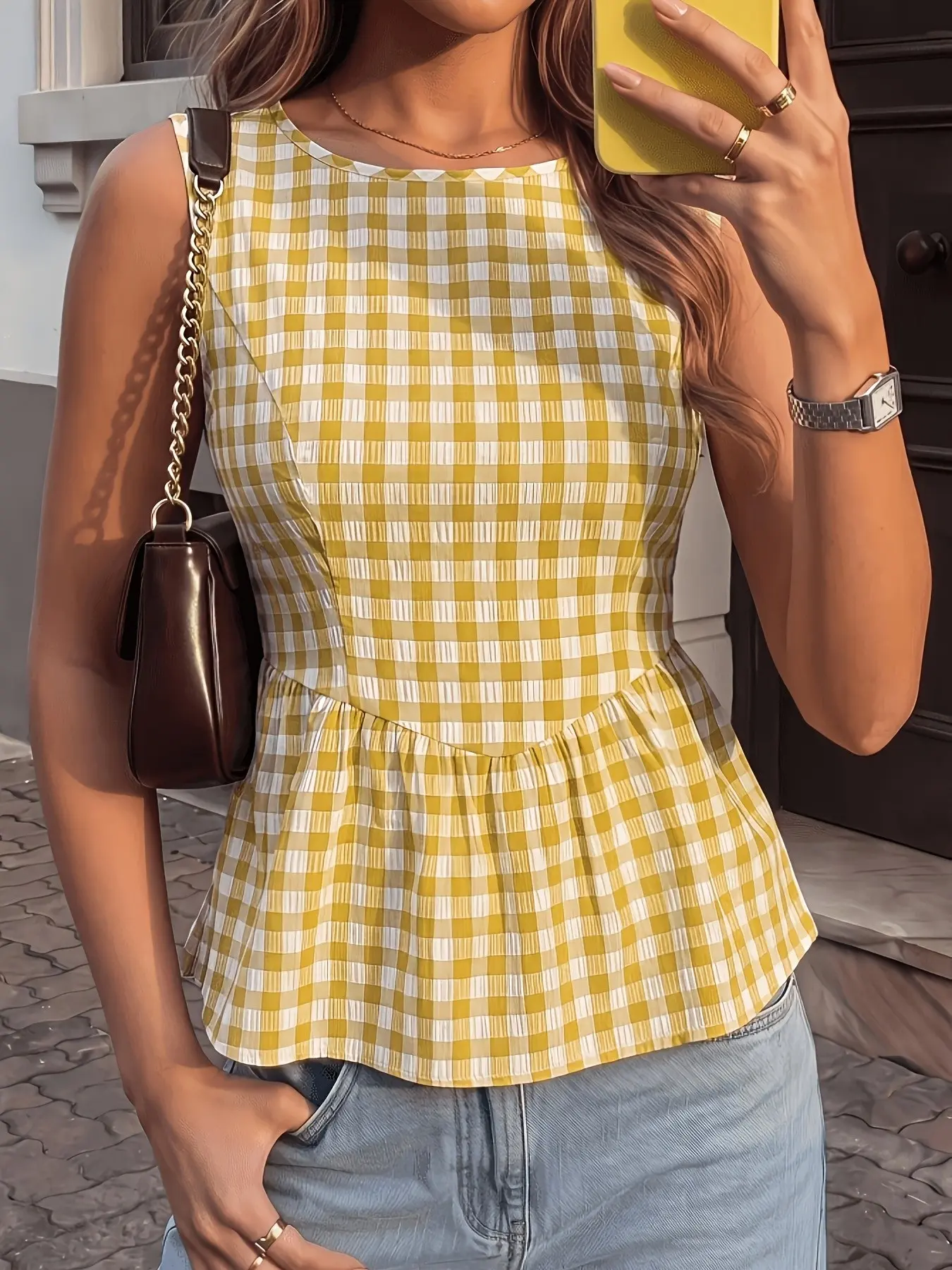 Plaid Sleeveless Waist Cinch Ruffled Back Vest, Summer Round Neck Slimming Plaid Short Top, Women's Fashionable Casual Wear, Blouse