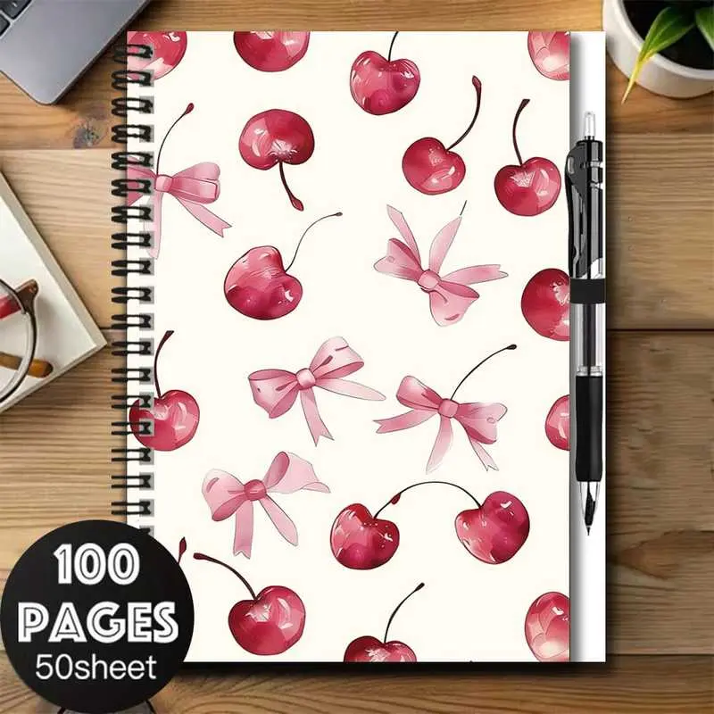 A set of sweet-style 2D cover spiral notebook and pen set, with cherry and bow patterns printed all over the cover, exquisite and cute. It has a large capacity of 100 pages, suitable for work records, study notes, diary writing, daily planning, and other