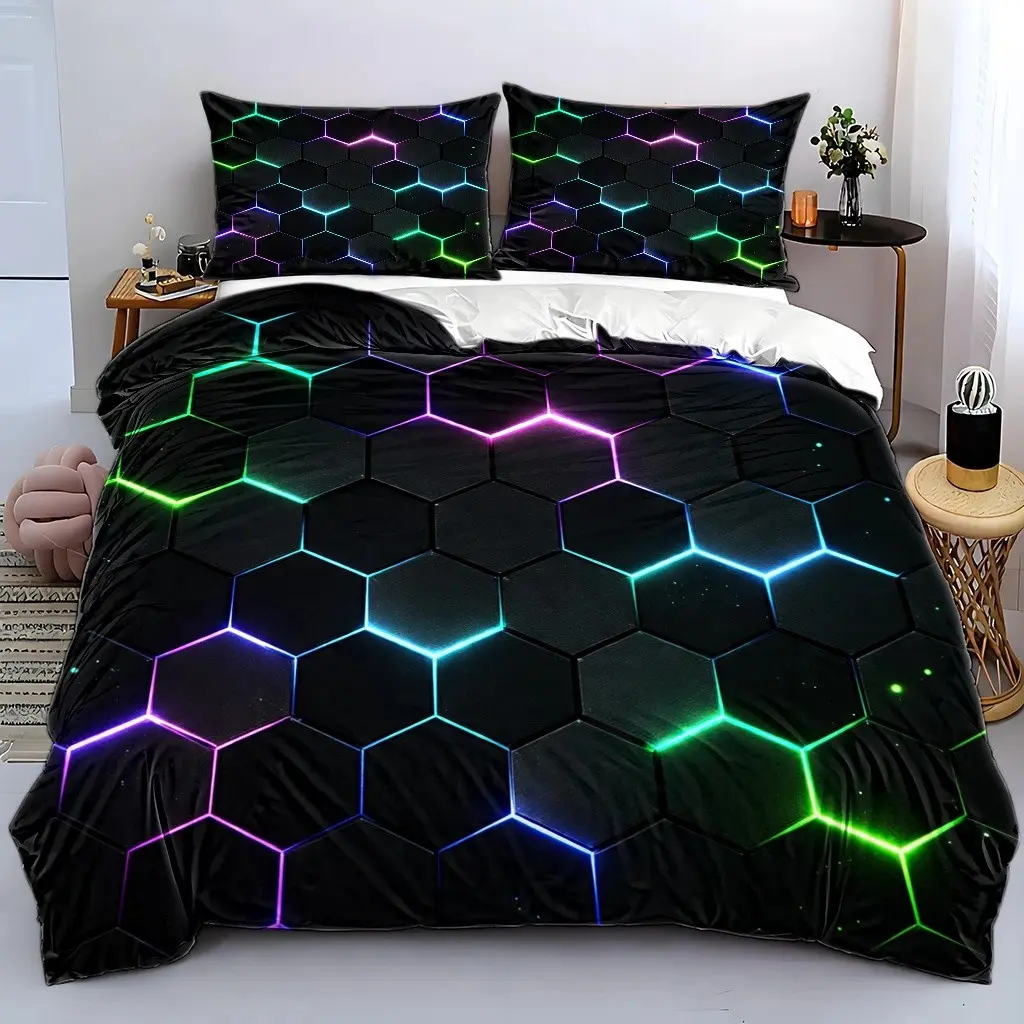 3-Piece Printed Bedding Set, Neon Hexagon Print, Comfortable Soft Material, Ideal for Bedroom Living Room Hotel Dormitory