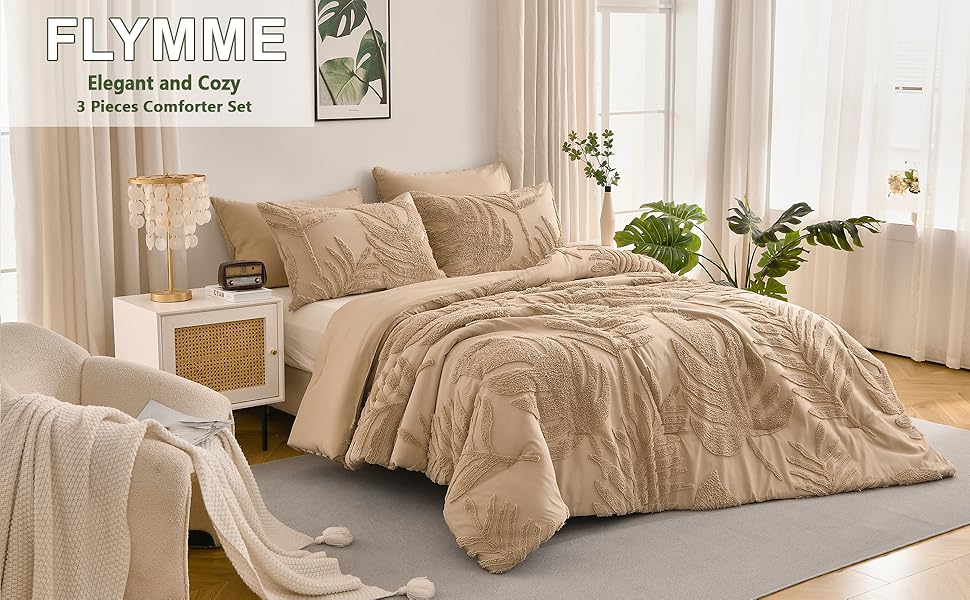 Khaki Queen Comforter Set,Boho Soft Warm Tufted Neutral Bed in a Bag,Lightweight All Bedding with Botanical Palm Leaf Pattern,3 Pieces (Comforter&2 Shams)