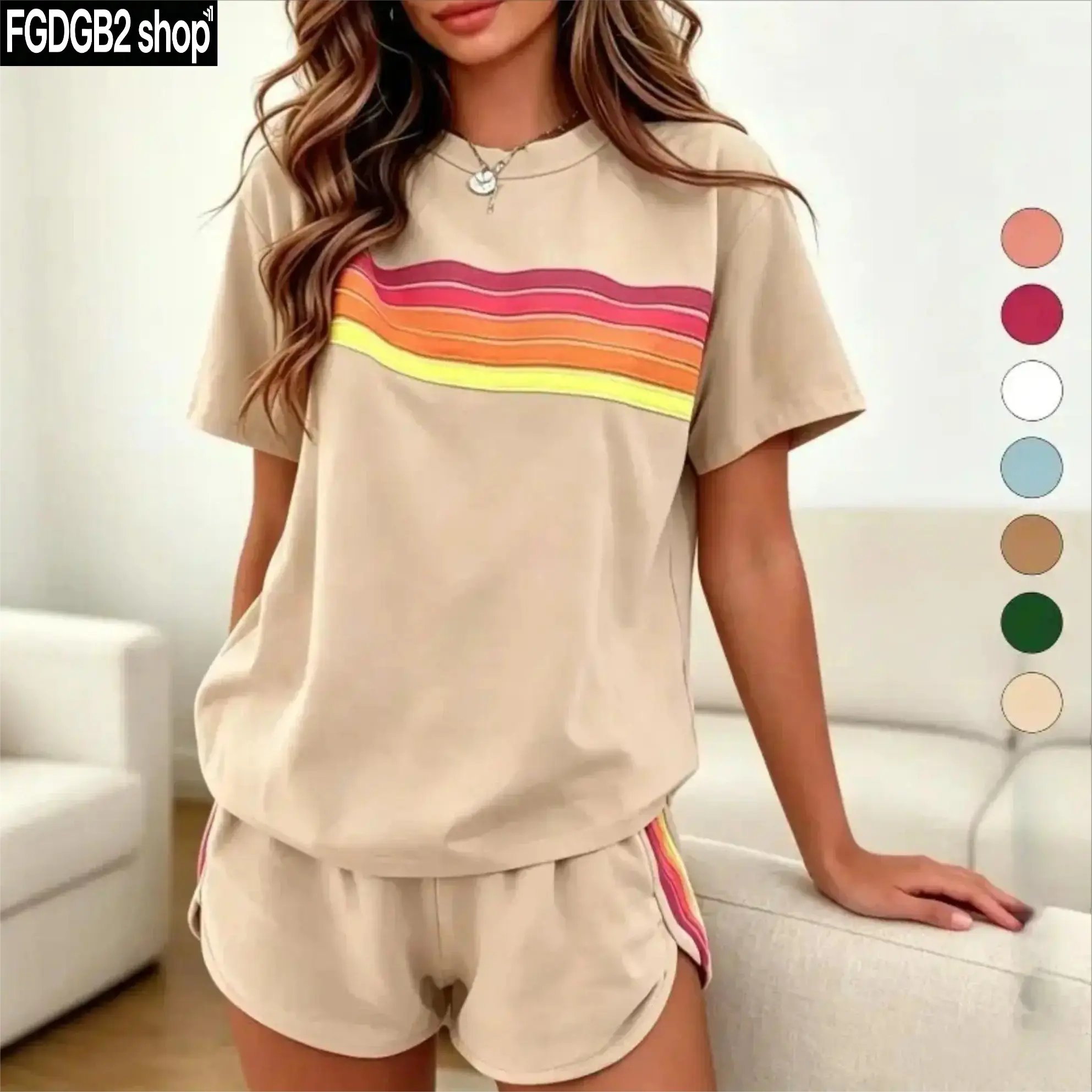 Women’s 2-Piece Rainbow Striped Tracksuit Set, Trendy Casual Matching Outfit with Soft Breathable Stretch Fabric, Loose Sporty Top & Pants Set for Summer Vacation, Travel, Streetwear, Lounge & Daily Wear