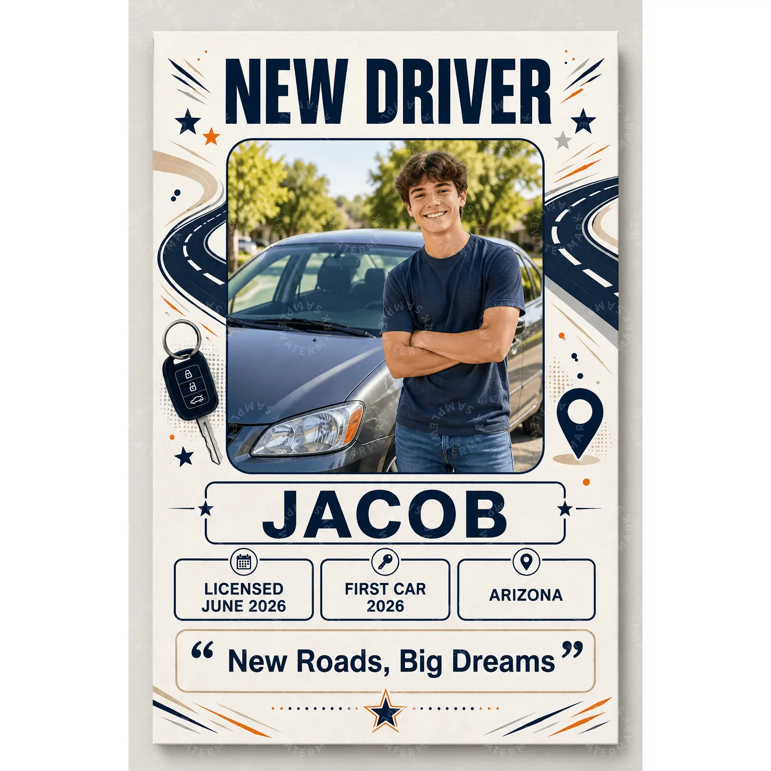 Custom Artistic Driver Photo Poster Print - Personalized Teen Driver Multi-Size Artwork, First Car License Milestone Gift, Navy-Orange Road Decoration for Bedroom Garage Office, Lightweight