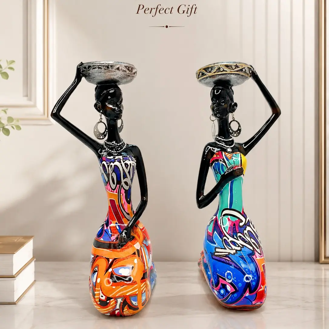 Two-Piece African Women Figurines, Colorful Graffiti Art Decorative Sculptures, Traditional Woman Crafts, Ethnic Style Desk Home Decor Gifts
