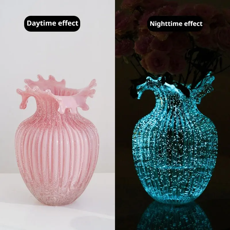 Viral Dopamine Decor Vintage Luminous Pink Wave Mouth Vase Chic Fresh Aesthetic Luxury Home Ornament Perfect Sweet Gift For Girls Bedroom Interior Decor