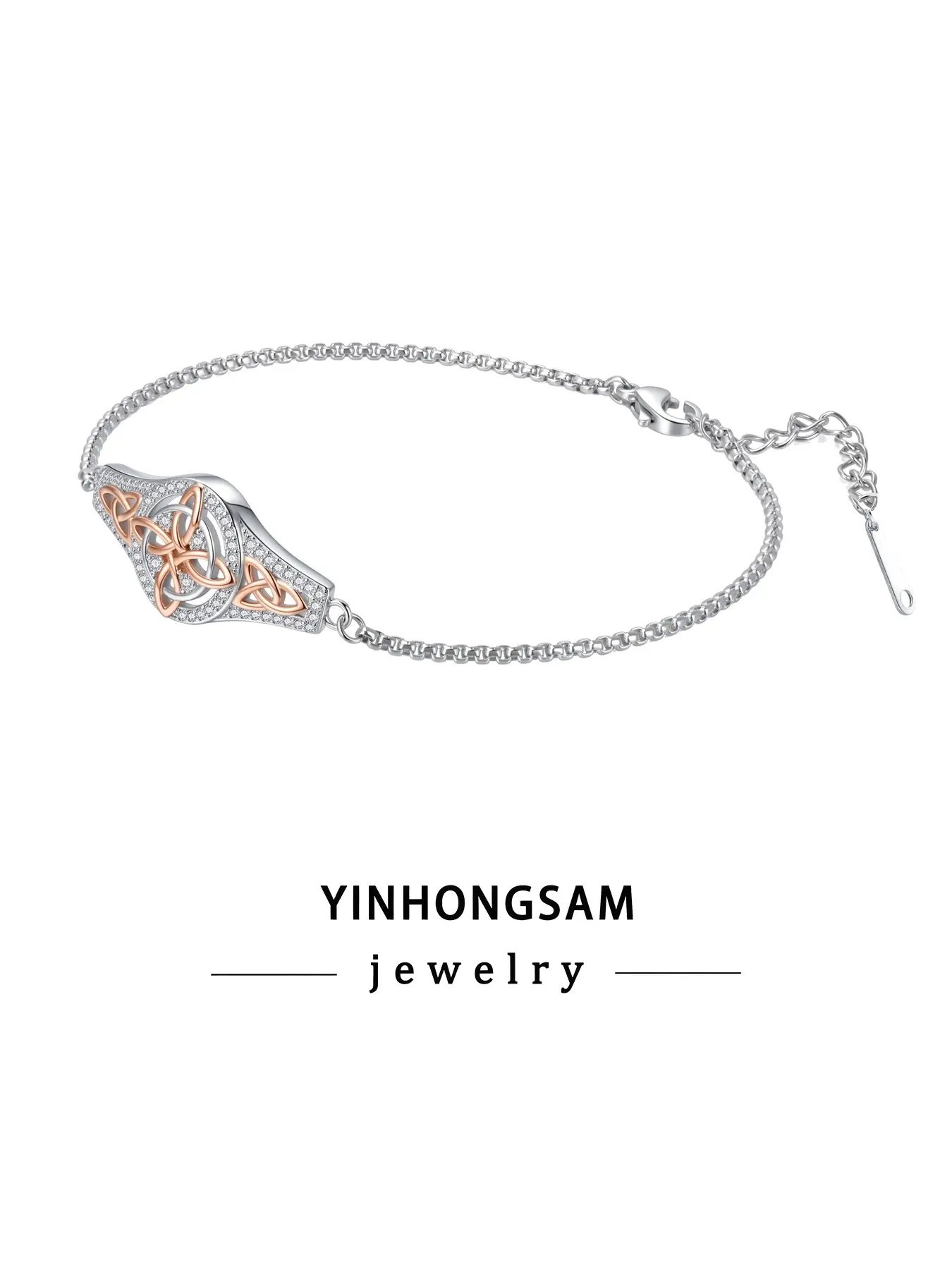 Yinhongsen Elegant Rose Gold Two-Tone Celtic Witch Knot Bracelet, Intricate Rhinestone Vintage Irish Daily Women's Wrist Jewelry with Gift Box