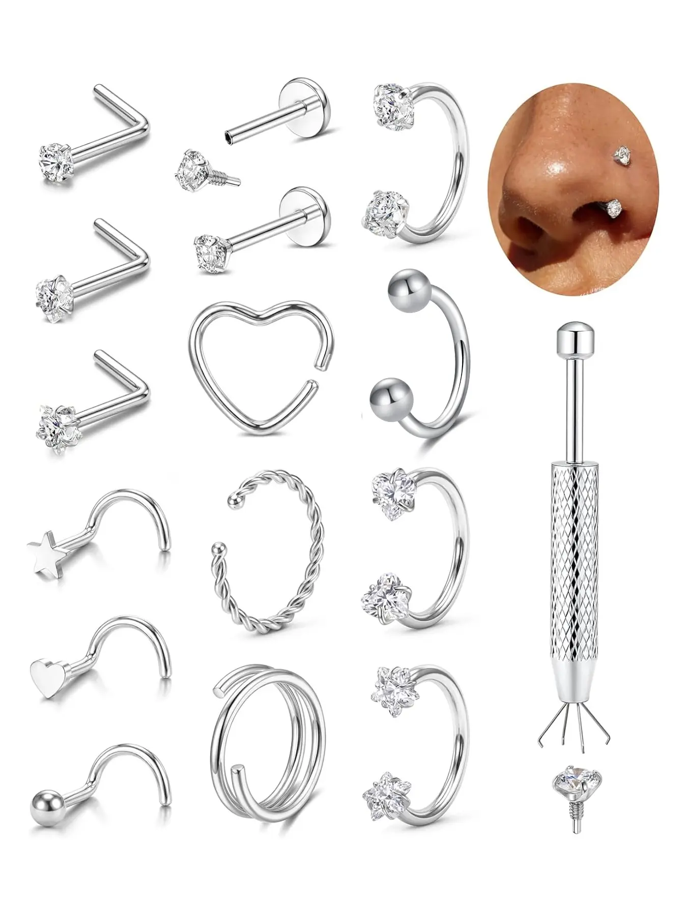 316L Surgical Steel Nose Piercing Kit with Insertion Tool, Assorted CZ Nose Studs, Heart Star Twisted Double Spiral Septum Nose Hoops, Hypoallergenic Reusable Nostril Lip Cartilage Ear Body Piercing Jewelry Combo for Men Women