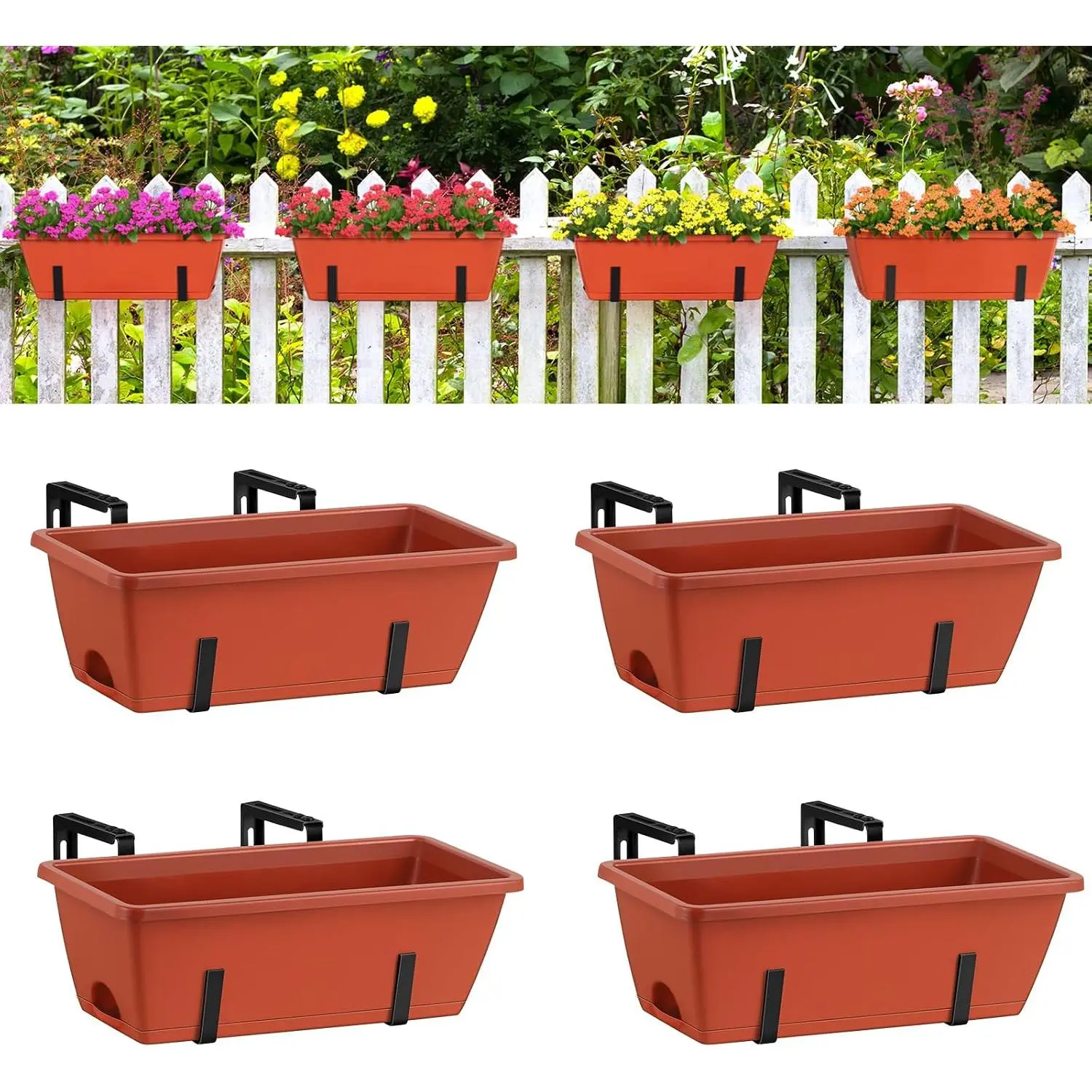 Window Boxes Planters 17’’ Railing Planter Box with Adjustable Brackets, 4 Pack  Deck Railing Planters Rectangular Flower Pots for Outdoor Patio Balcony Fence