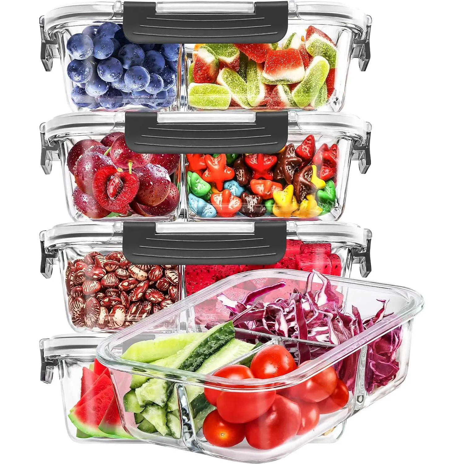 5-Packs 36OZ Glass Airtight  Storage Containers 3 Compartments, Meal Prep Container Set with  for Pantry Kitchen Organizers and Storage,  Glass Lunch Boxes Bento