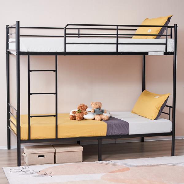 Iron Bed Bunk Bed with Ladder for All Ages Twin Size Black Bedroom Bedframe with 33.5cm Fence & 26.5cm Storage Space Modern Design
