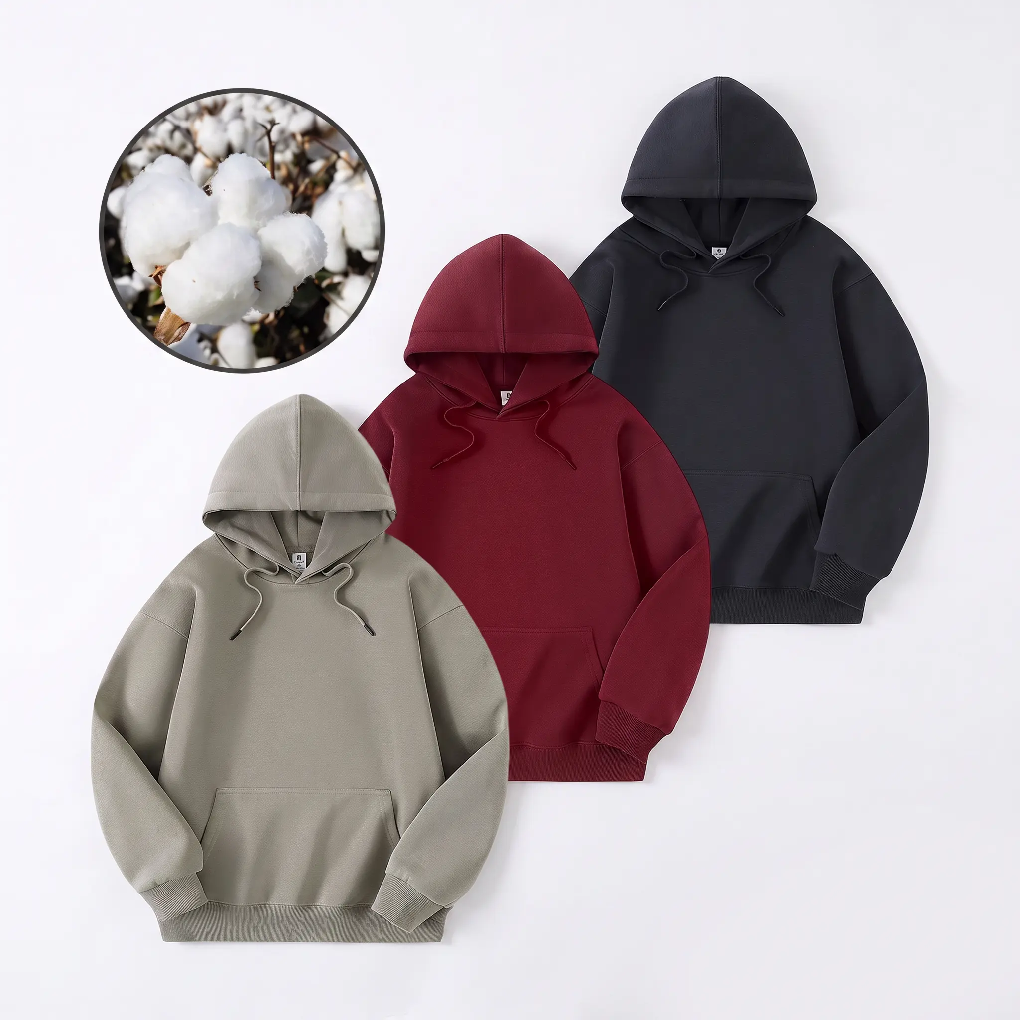 Men's Minimalist Round Neck Hoodie, Unisex Casual Fleece-Lined Cotton-Blend Clothes, Thick Long-Sleeve Loose-Fit Solid Color Sweatshirt