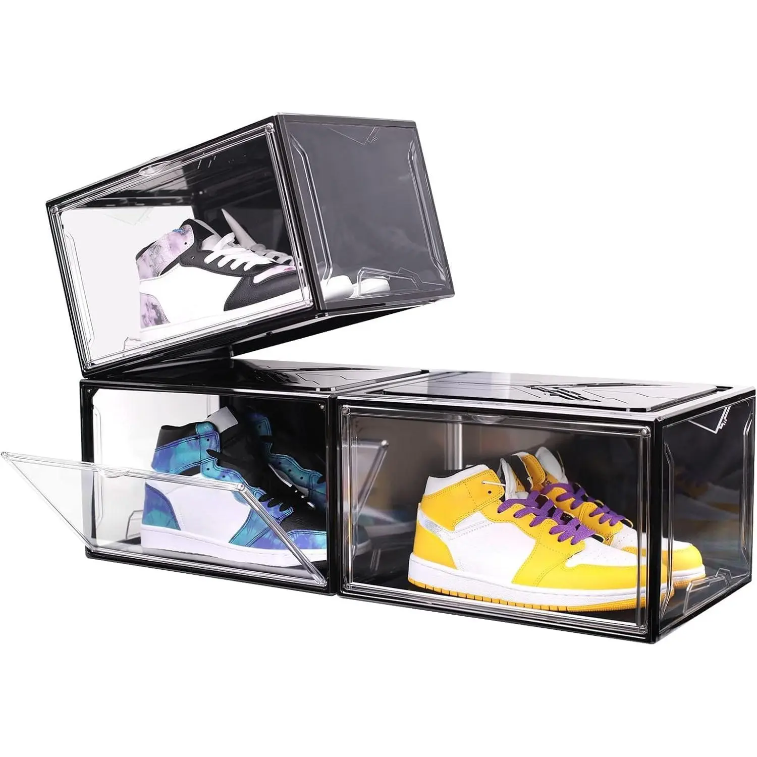 Clear Shoe Boxes Stackable, 3 Pack Shoe Storage Box with   Door, Clear Sneaker Storage  Boxes for Display, Fit Shoe Size Up to  15(Side 3 PACK BLACK)