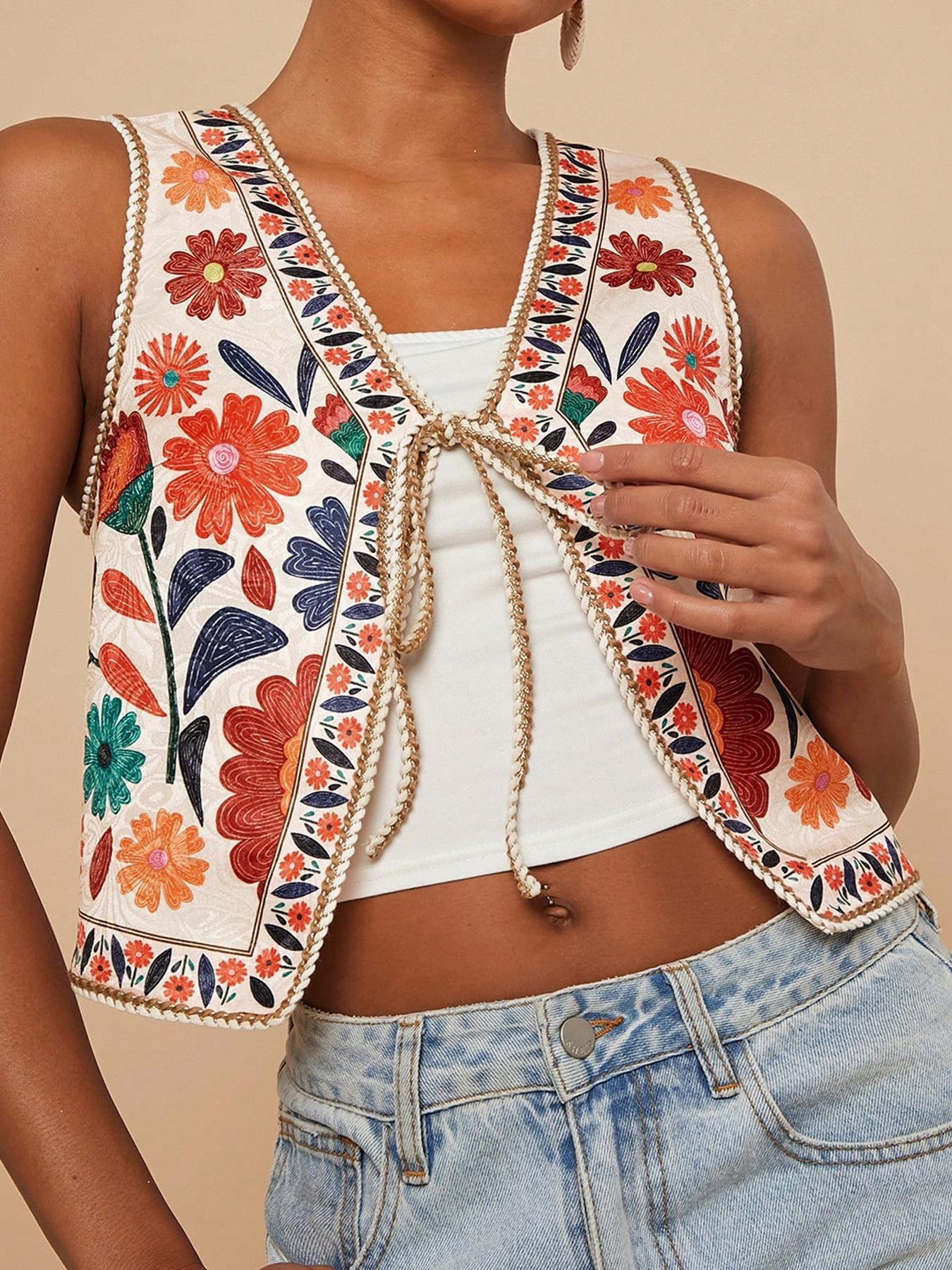 Women's Floral Print Tie Front Crop Tank Top, Boho Bohemian Sleeveless Top for Summer, Ladies Clothes for Beach Vacation