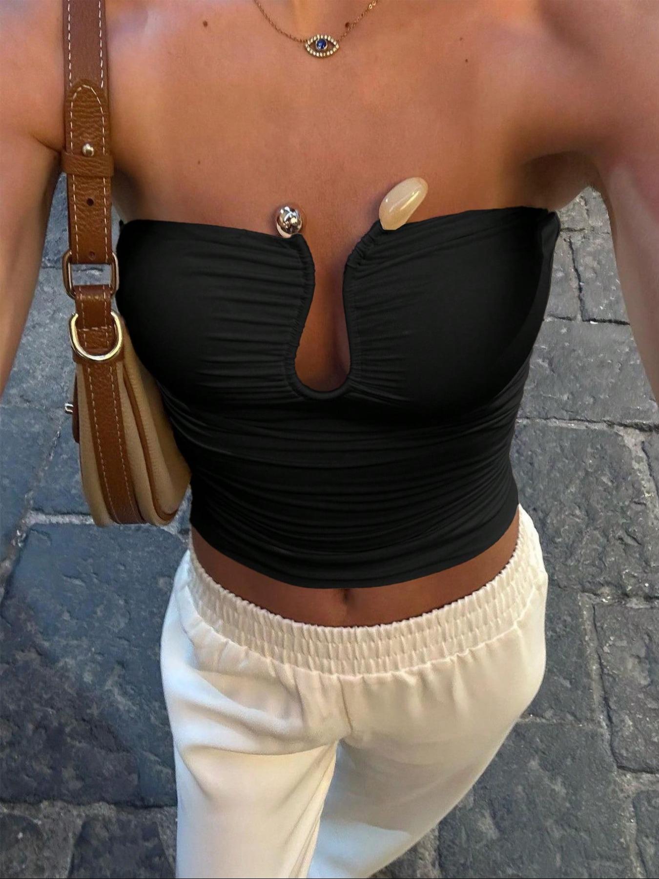 Women's Solid Color Cut Out Crop Tube Top, Casual Sleeveless Slim Cropped Top for Summer, Fashion Women's Top for Daily Wear