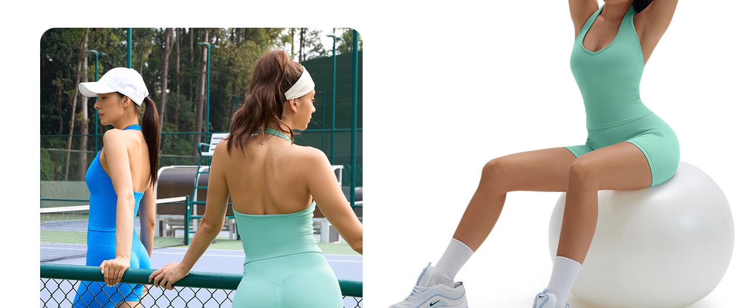 Womens Seamless 2 Piece Workout Sets Padded Halter Tank Top Gym Sets Tummy Control Biker Shorts for Athletic