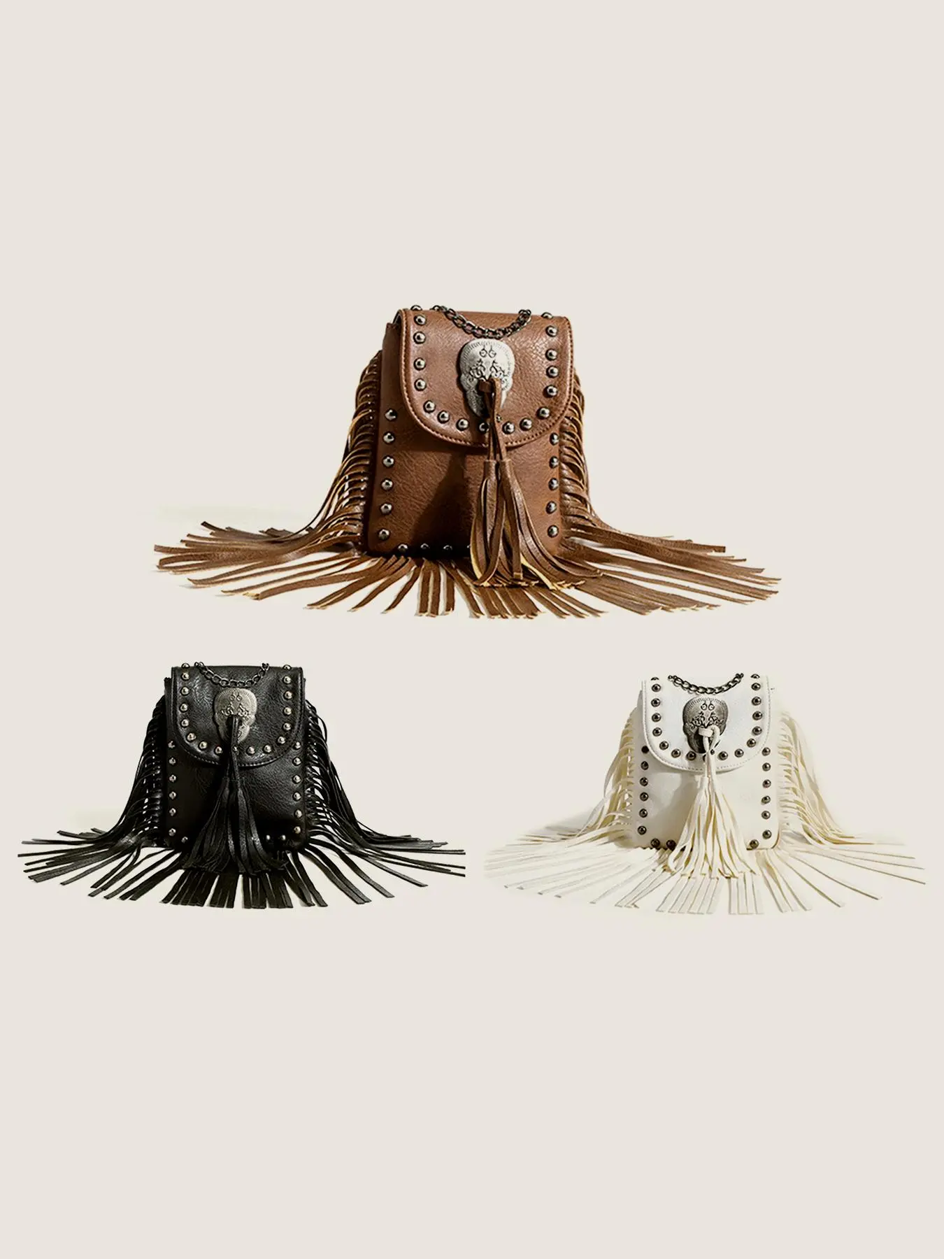 Steampunk Vintage Fringe Crossbody Bag For Women, Women's Skull Rivet Shoulder Bag, Bohemia Tassel Mobile Phone Bag, Magnetic Closure, Solid Color, Suitable for Electronic Music Festivals, Bohemian Crossbody Purse