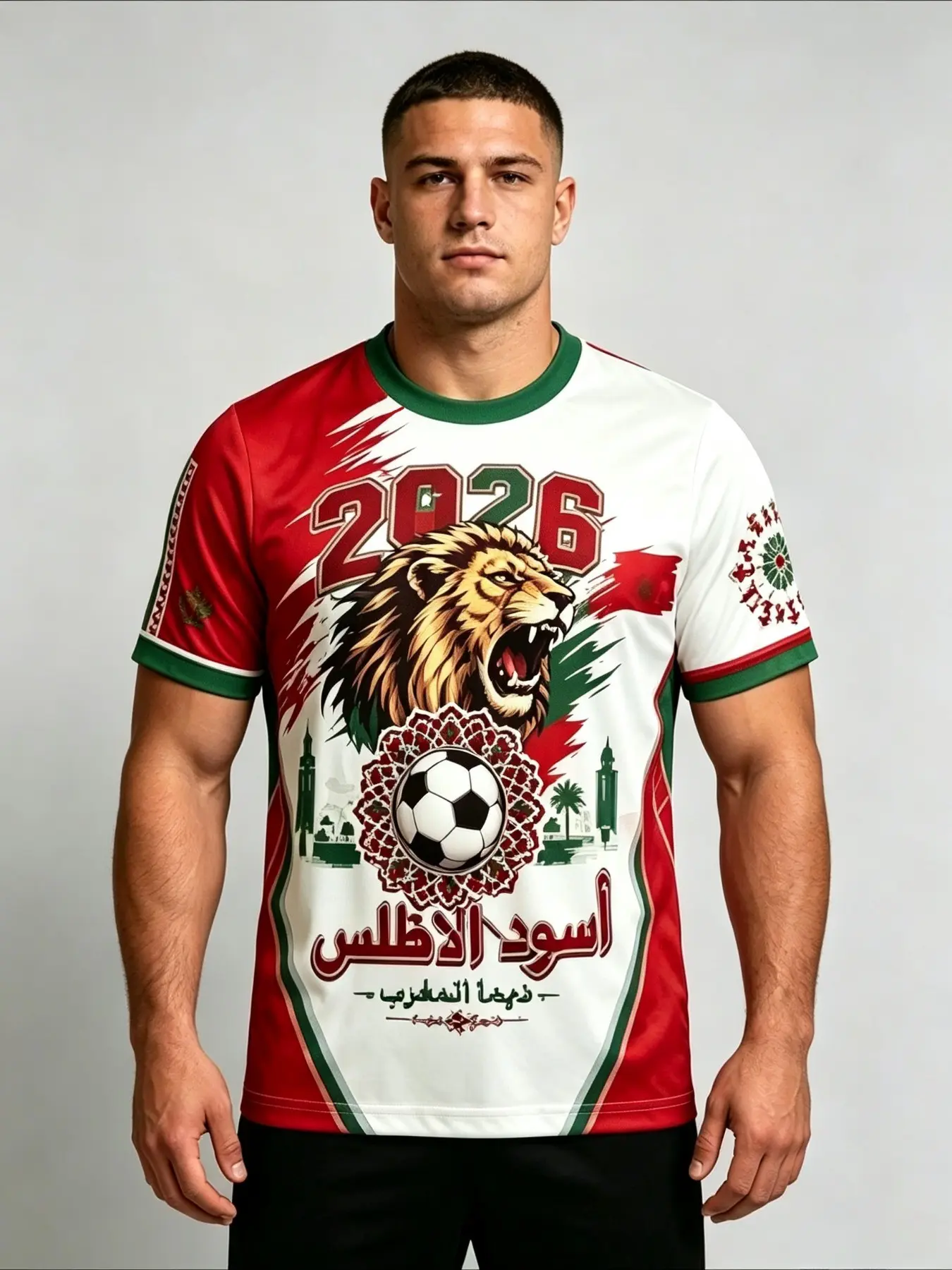 Moroccan Theme 3D Print T-Shirt, Unisex Round Neck Loose Fit Top, Casual Streetwear with Moroco Badge, All-Season Fashion, Menswear