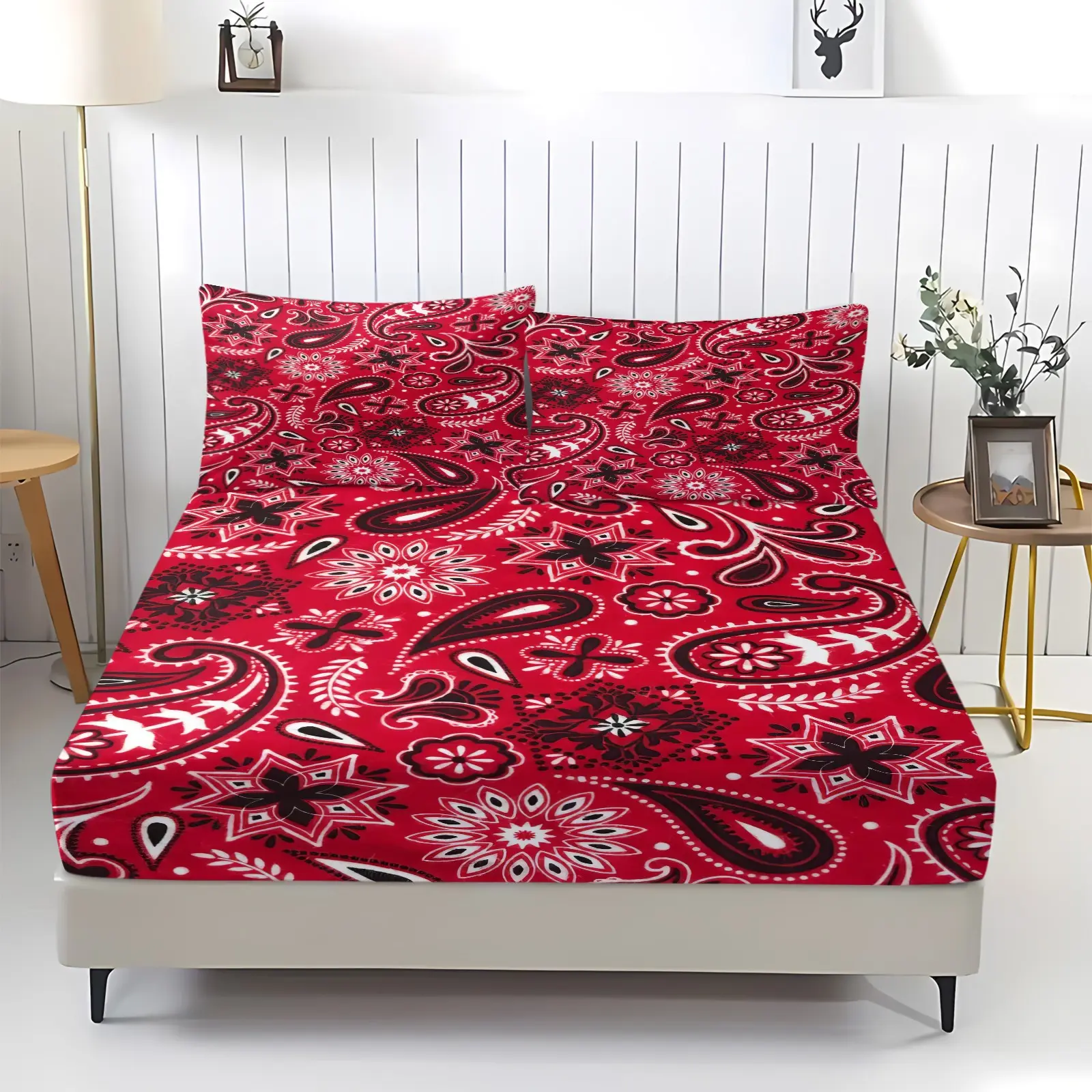 3Pcs Red Paisley Floral Fitted Sheet Set, 1 Fitted Sheet & 2 Pillowcases No Filling, Deep Pocket Bed Sheets, Classic Ethnic Print Bedding for Bedroom Decor