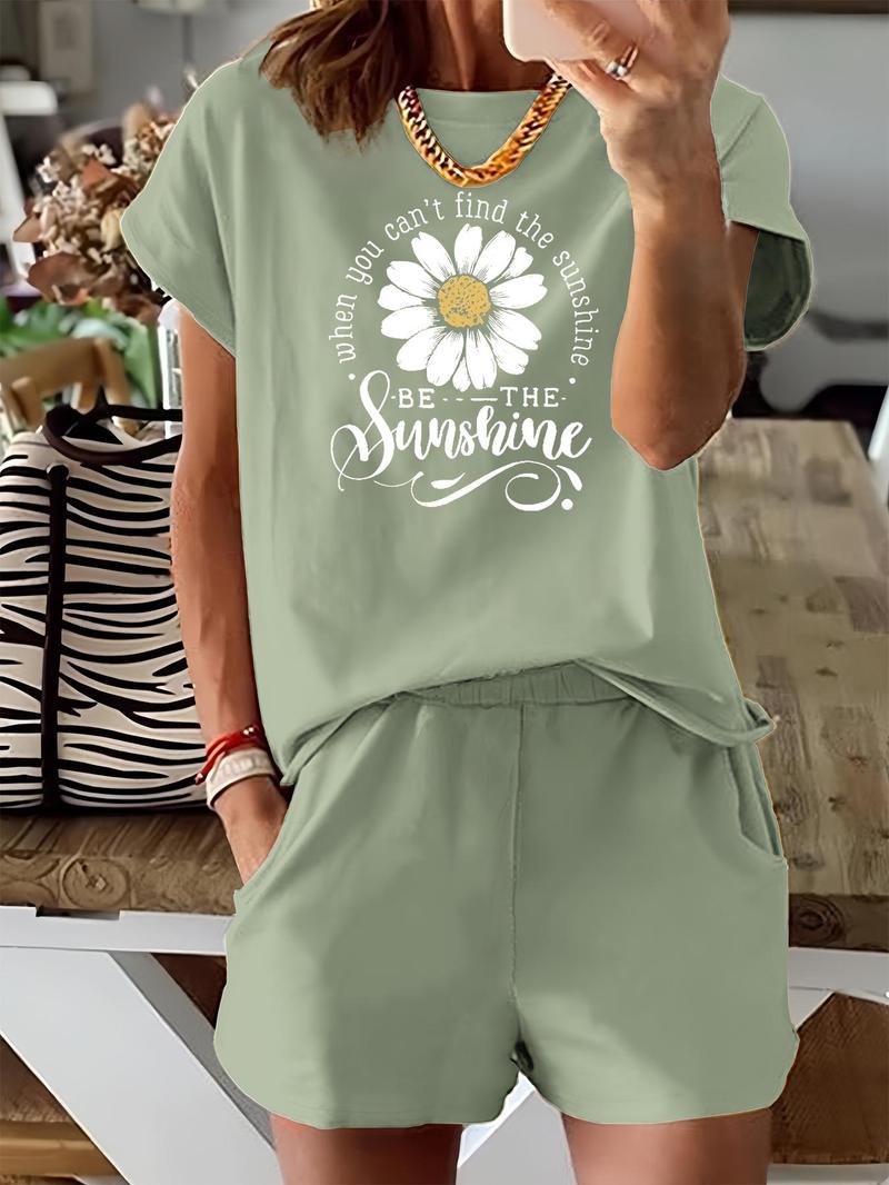 Women's Floral & Letter Print Two-piece Set, Casual Short Sleeve Tee & Elastic Waist Shorts Set, Ladies Summer Outfits for Daily Wear