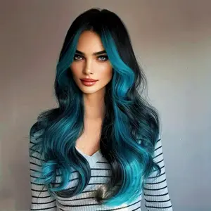 Long Body Wavy Teal Gradient Highlight Wigs For Women With Curtain Bangs Dark Roots, 26 Inch Short Middle Part Bob Wig Heat Resistant Synthetic Wavy Curly Wigs for Girls Daily Party/Christmas Use