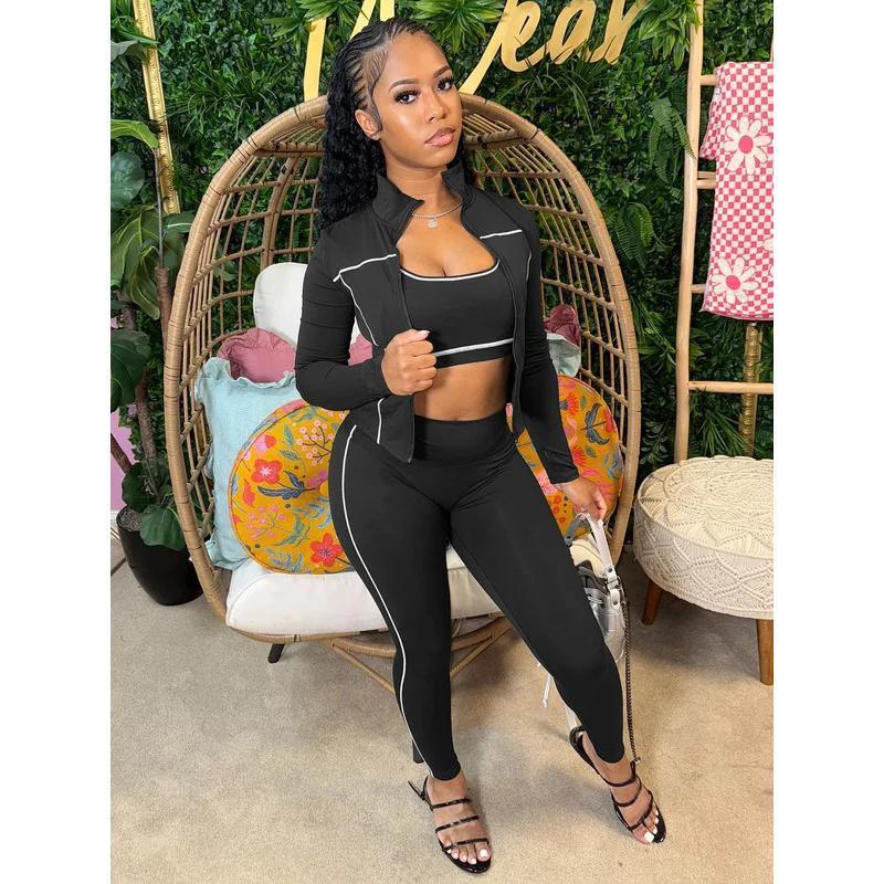 Casual 3 Piece Set Women Tracksuit Elastic Vest+Zip Jacket+Leggings Matching Street Sporty Fitness Street Shapewear