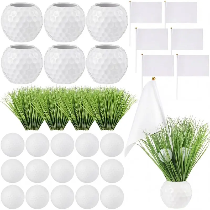 6 Set Golf Centerpieces Party Table Decorations Kit Includes Ceramic Golf Ball Planters 90 Artificial Grass Stems 12 Mini Balls 6 Flags for Sport Themed Party Supplies Rugby Favors