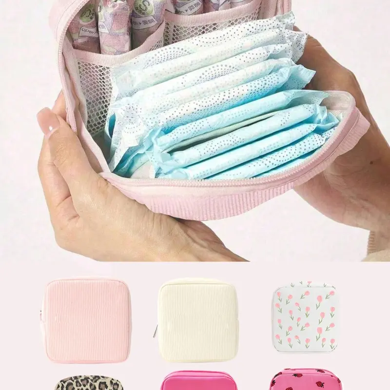 Portable Sanitary Pad Storage Bag, Large Capacity, Striped Design, Essential for Travel, Casual Style, All Seasons Use, Zipper Pouches