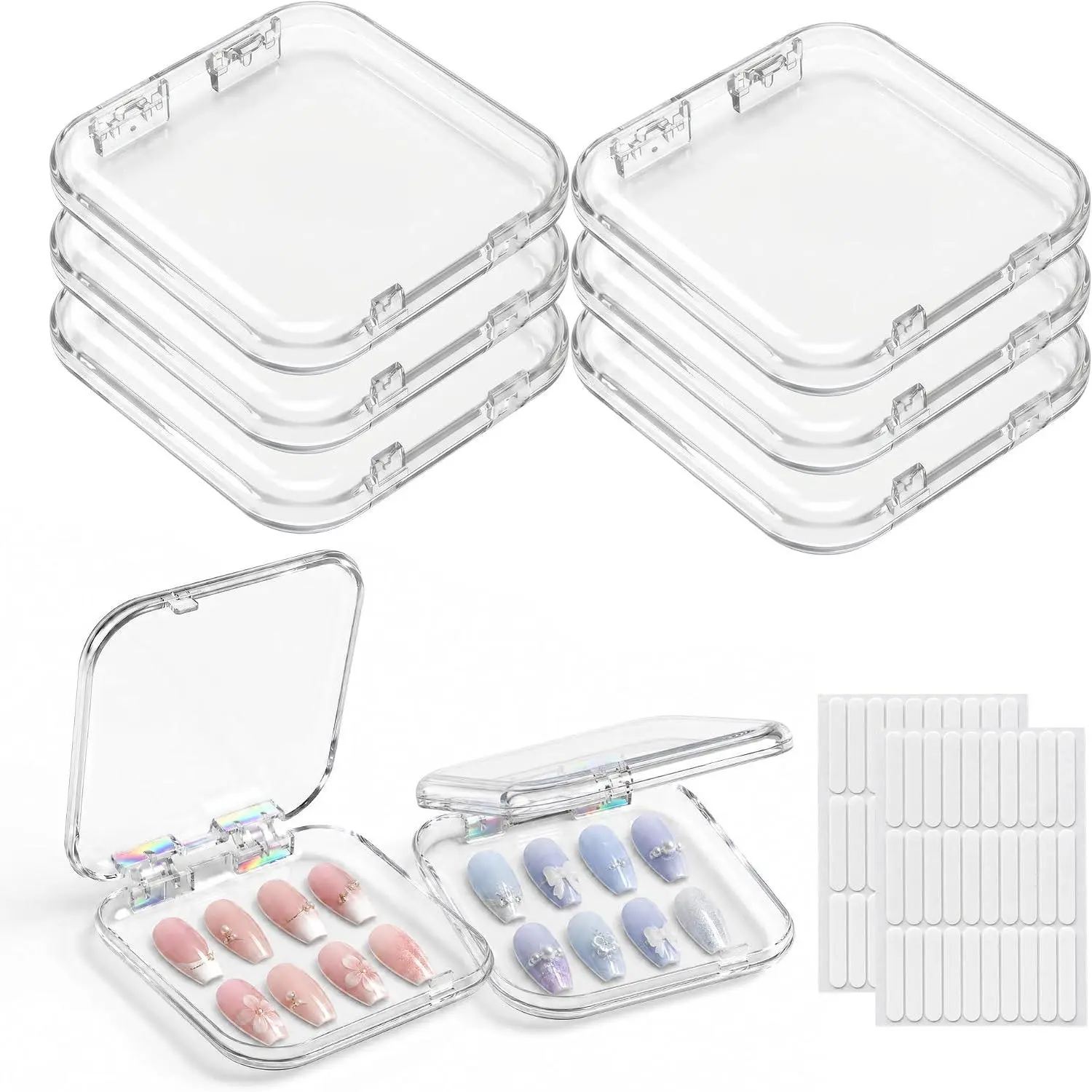 6 count Press   Storage Box with 60 Double Sided Adhesive Tapes, Clear   Packaging Box,   Display Case Organizer for Press Ons,  Art Business, Salon Supplies