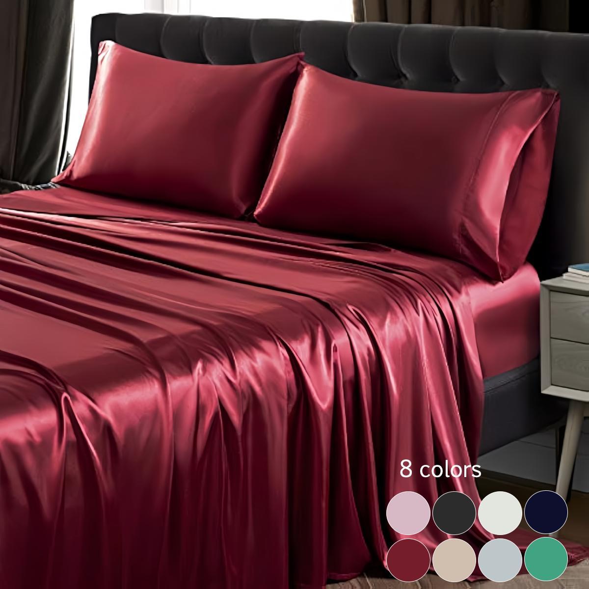 Solid Color Satin Bedding Set, 3/4 Counts Includes 1 Flat Sheet, 1 Fitted Sheet, and 1/2 Pillowcase without Filler, Soft Mattress Protector, Room Accessories, Satin Bed Sheets